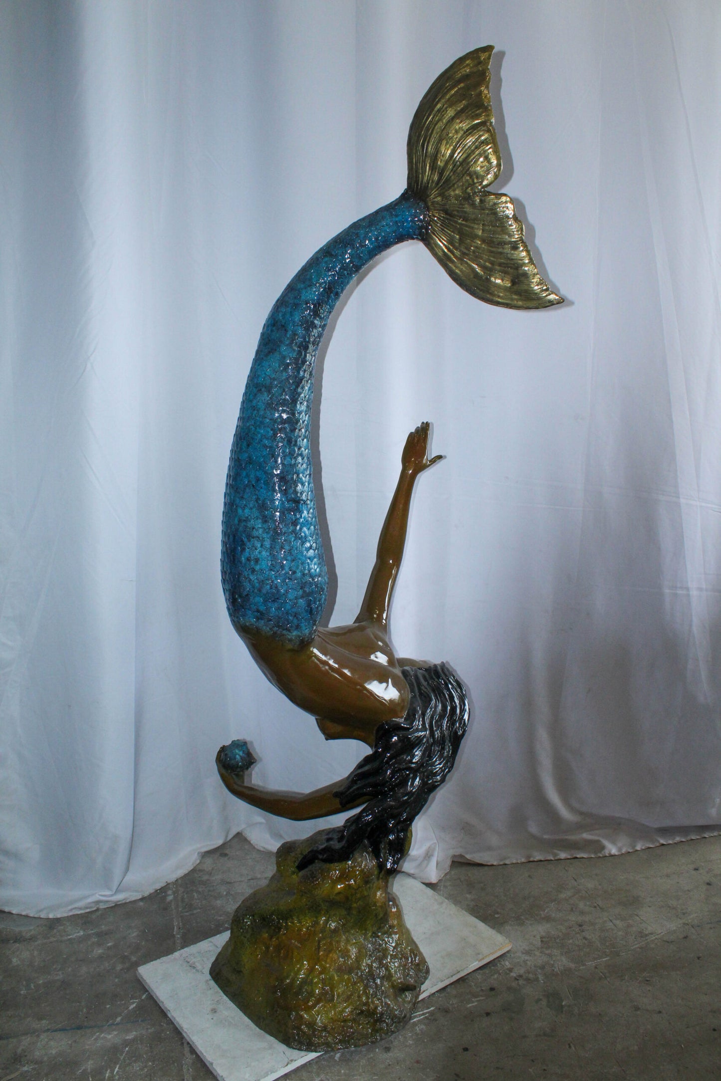 Large Bronze Mermaid Fountain Statue With Blue Tail 37" x 30" x 85"H