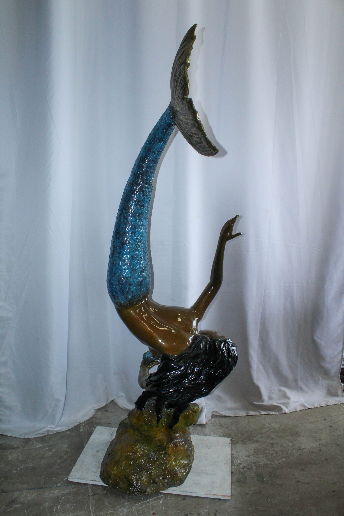 Large Bronze Mermaid Fountain Statue With Blue Tail 37" x 30" x 85"H