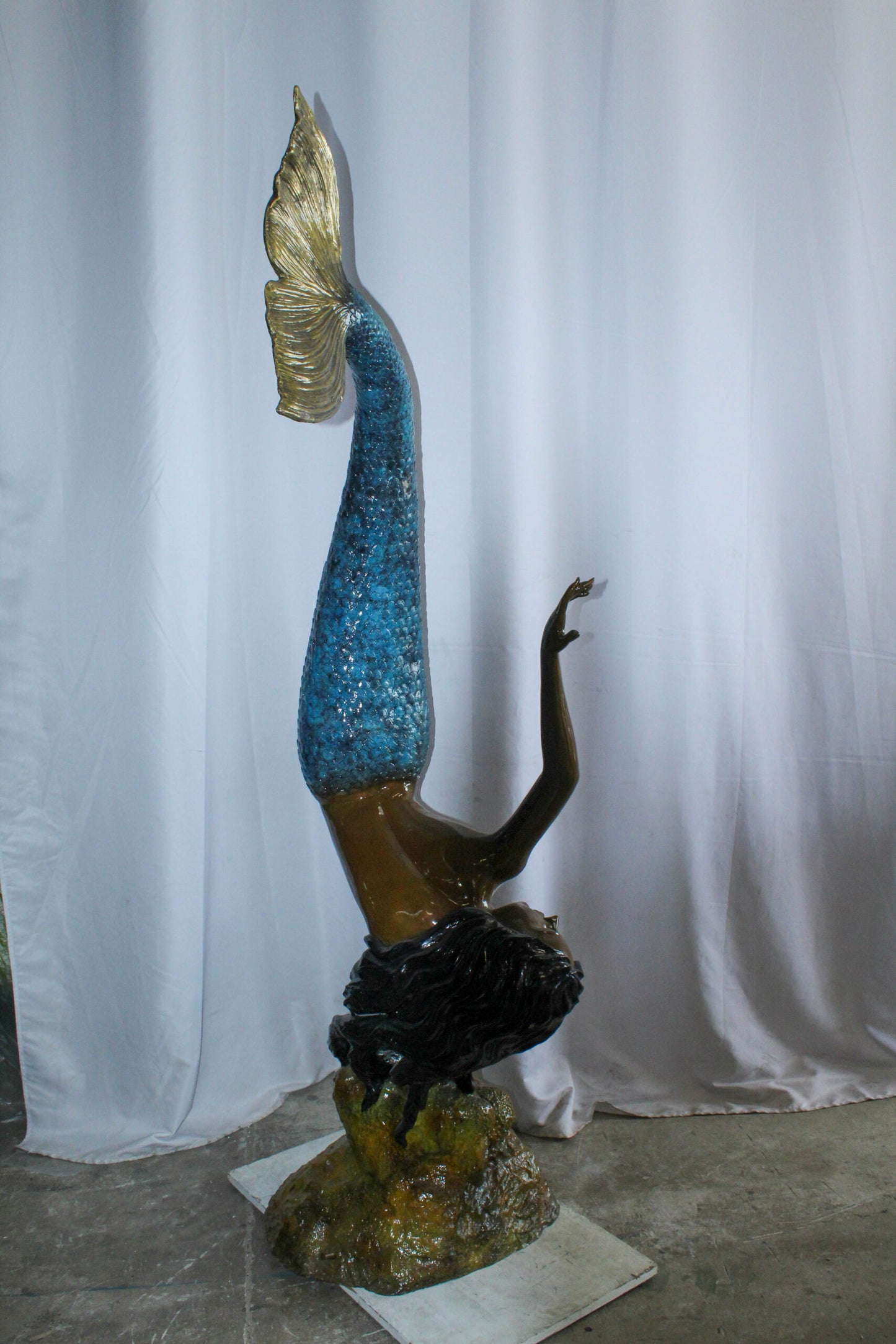 Large Bronze Mermaid Fountain Statue With Blue Tail 37" x 30" x 85"H