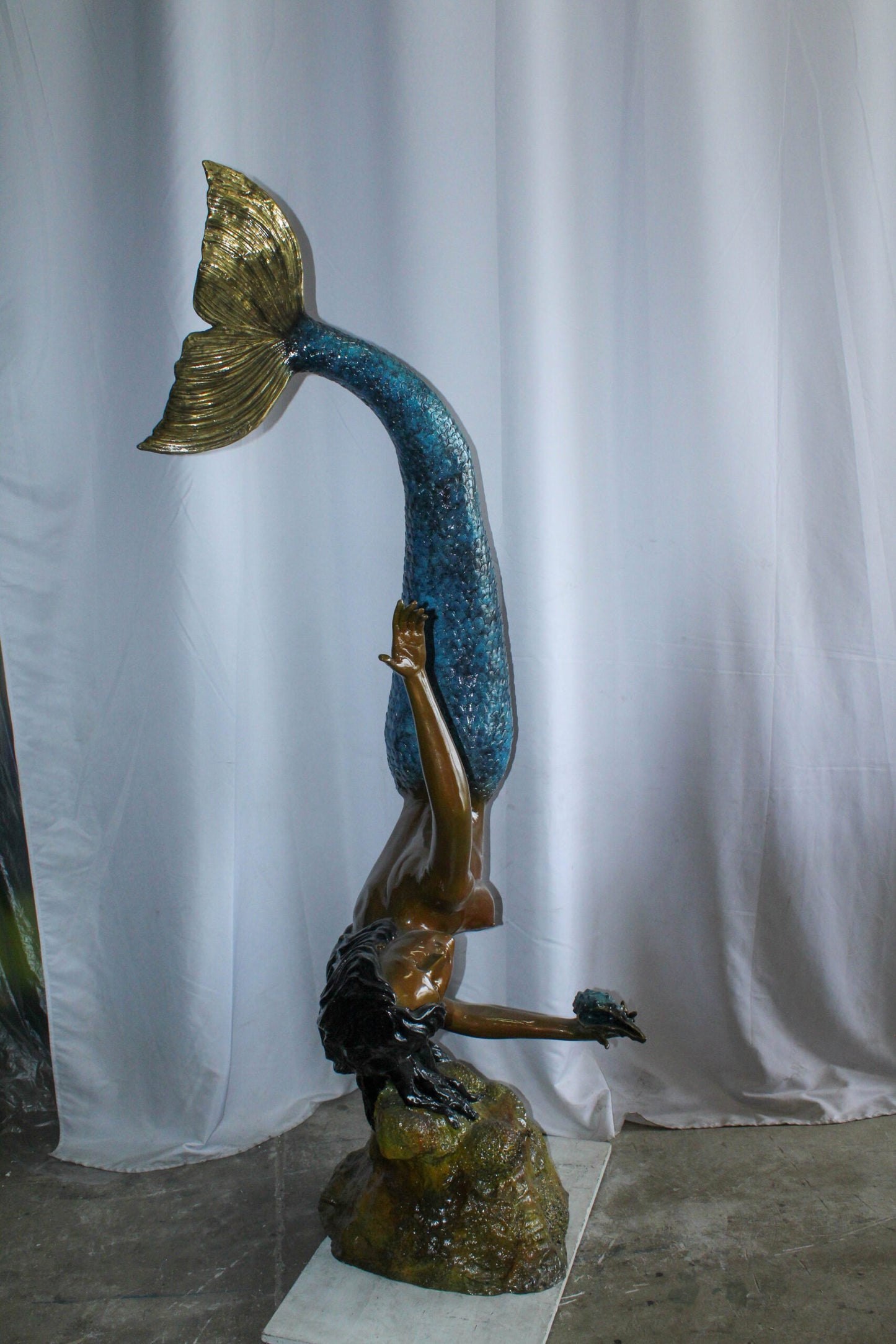 Large Bronze Mermaid Fountain Statue With Blue Tail 37" x 30" x 85"H