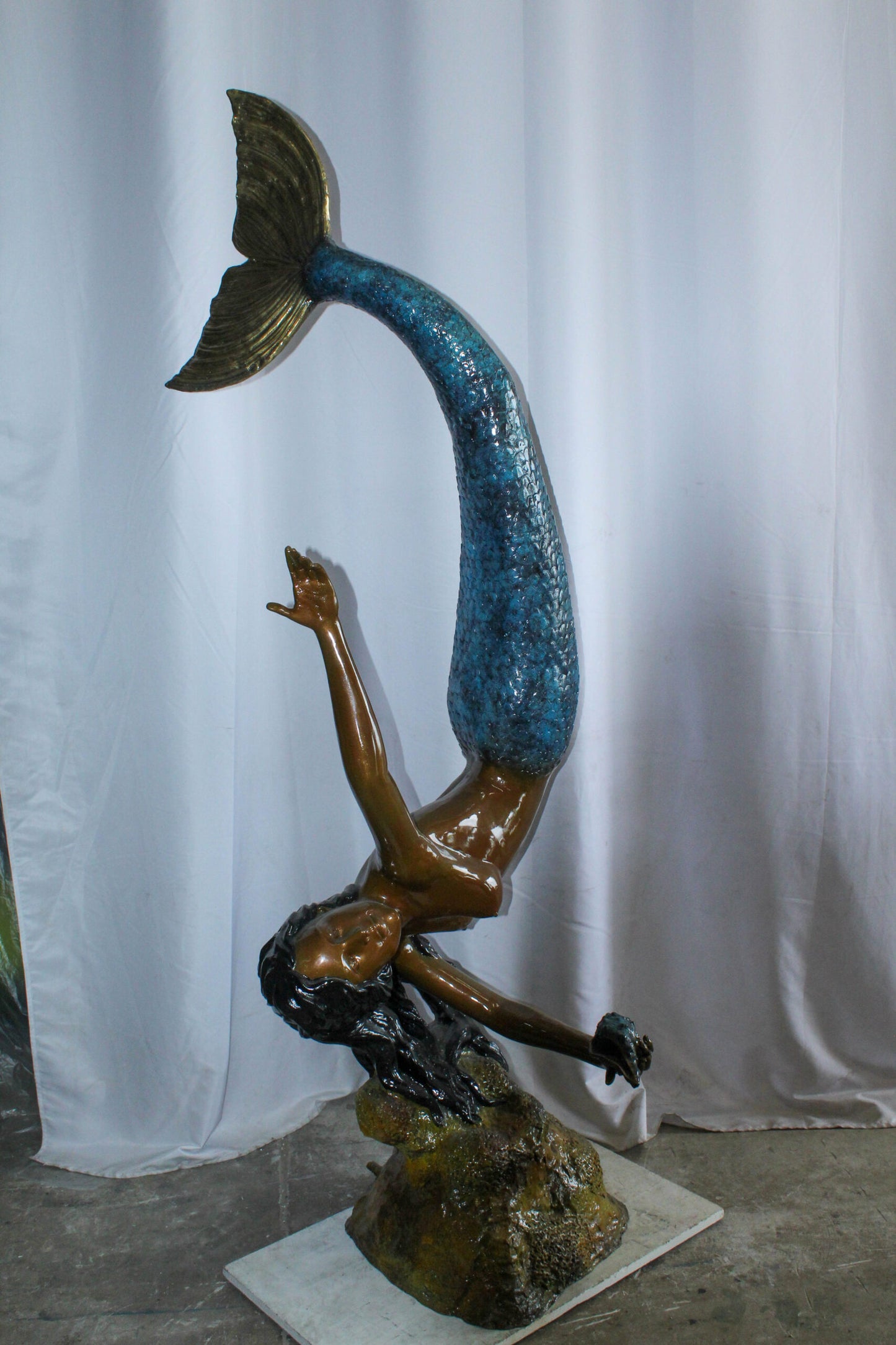 Large Bronze Mermaid Fountain Statue With Blue Tail 37" x 30" x 85"H