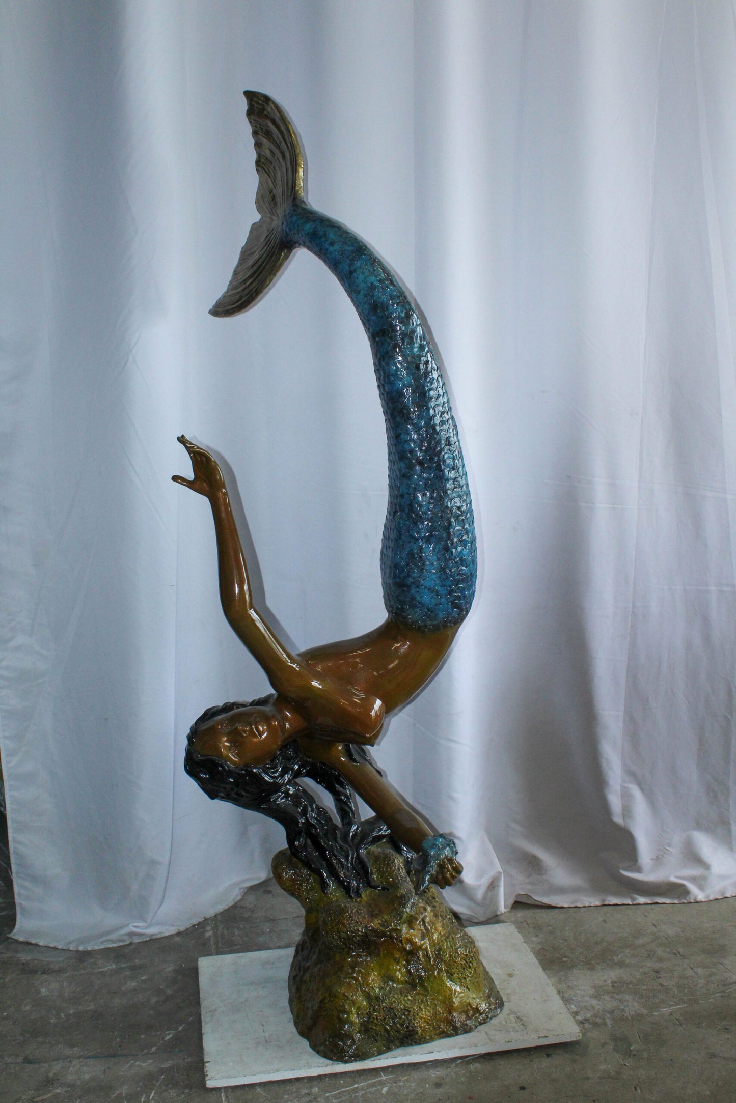 Large Bronze Mermaid Fountain Statue With Blue Tail 37" x 30" x 85"H