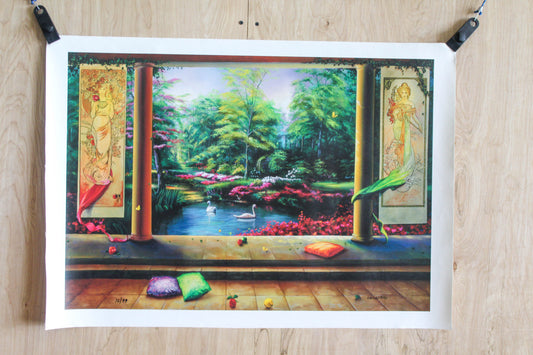 Paradise by Orlando Quevedo Garden Terrace Scene With Swans and Pillars, 30"x21"