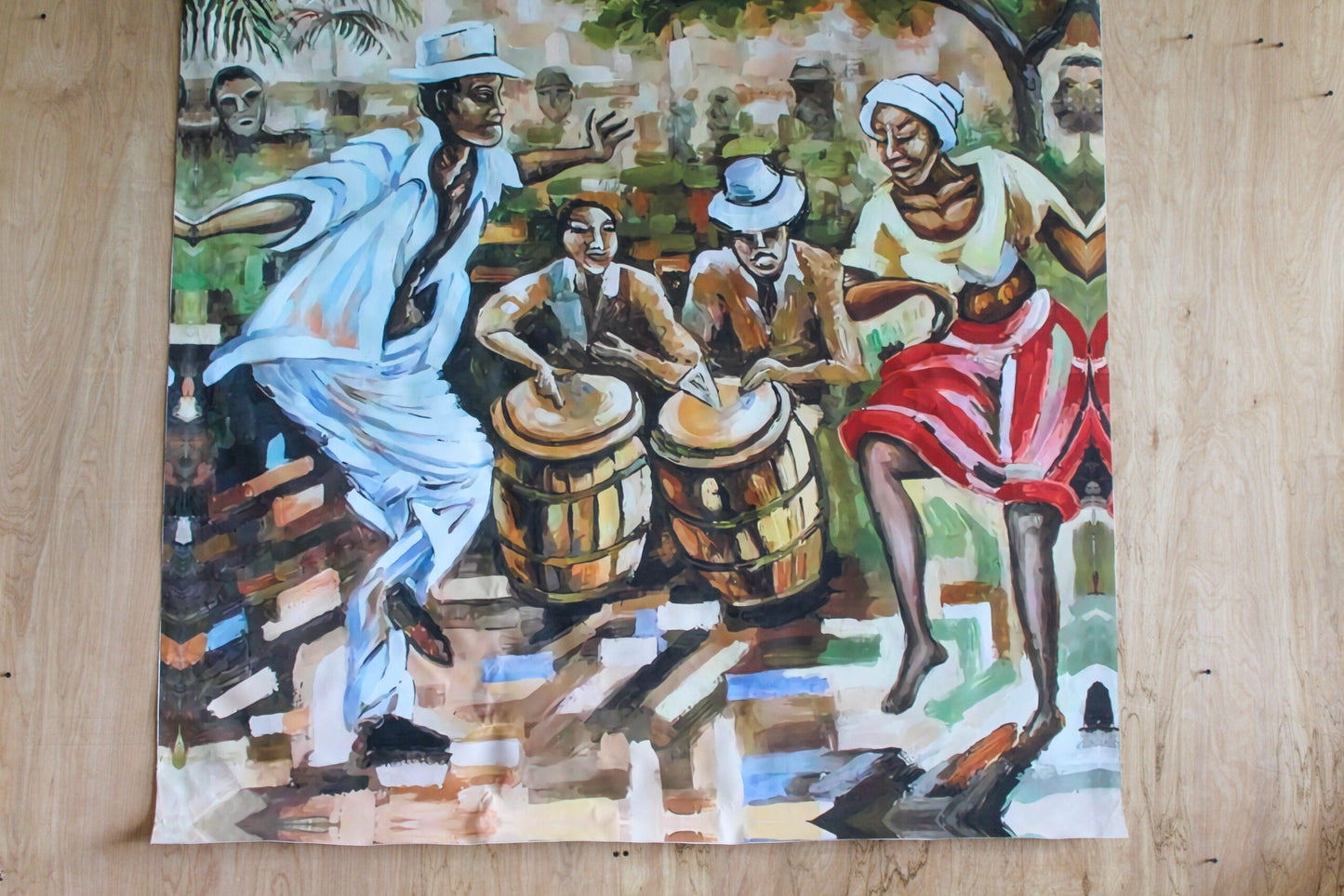 Afro Caribbean Street Scene Painting With Drummers and Dancers, 58"x58"