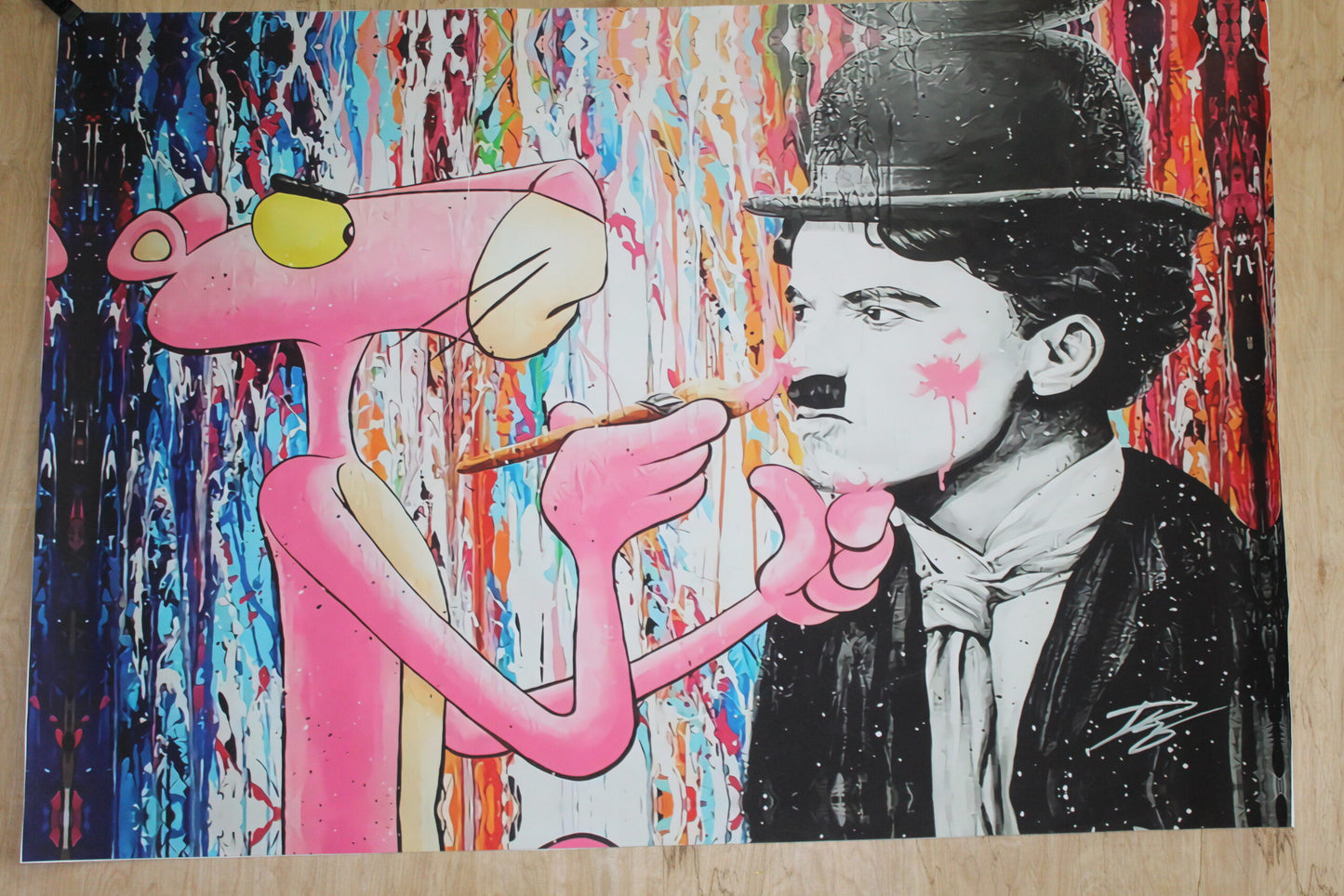 Pink Panther and Charli Chaplin Pop Art Giant size Unstretched Painting, 64"x44"