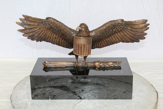 Nifao Majestic American Eagle Bronze Sculpture with Shield – Lost-Wax Cast, Classic Patina Finish, Mounted on Marble Base – Symbol of Strength, Freedom, Patriotism & Honor20 x 8" x 14"H