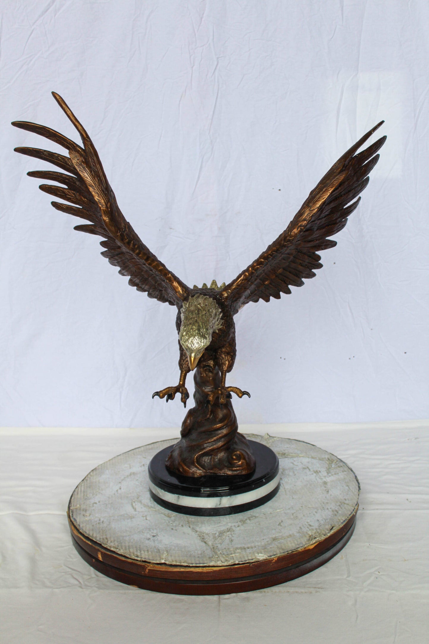 Bronze Eagle Statue With Outstretched Wings on Marble Base 17" x 29" x 32"H
