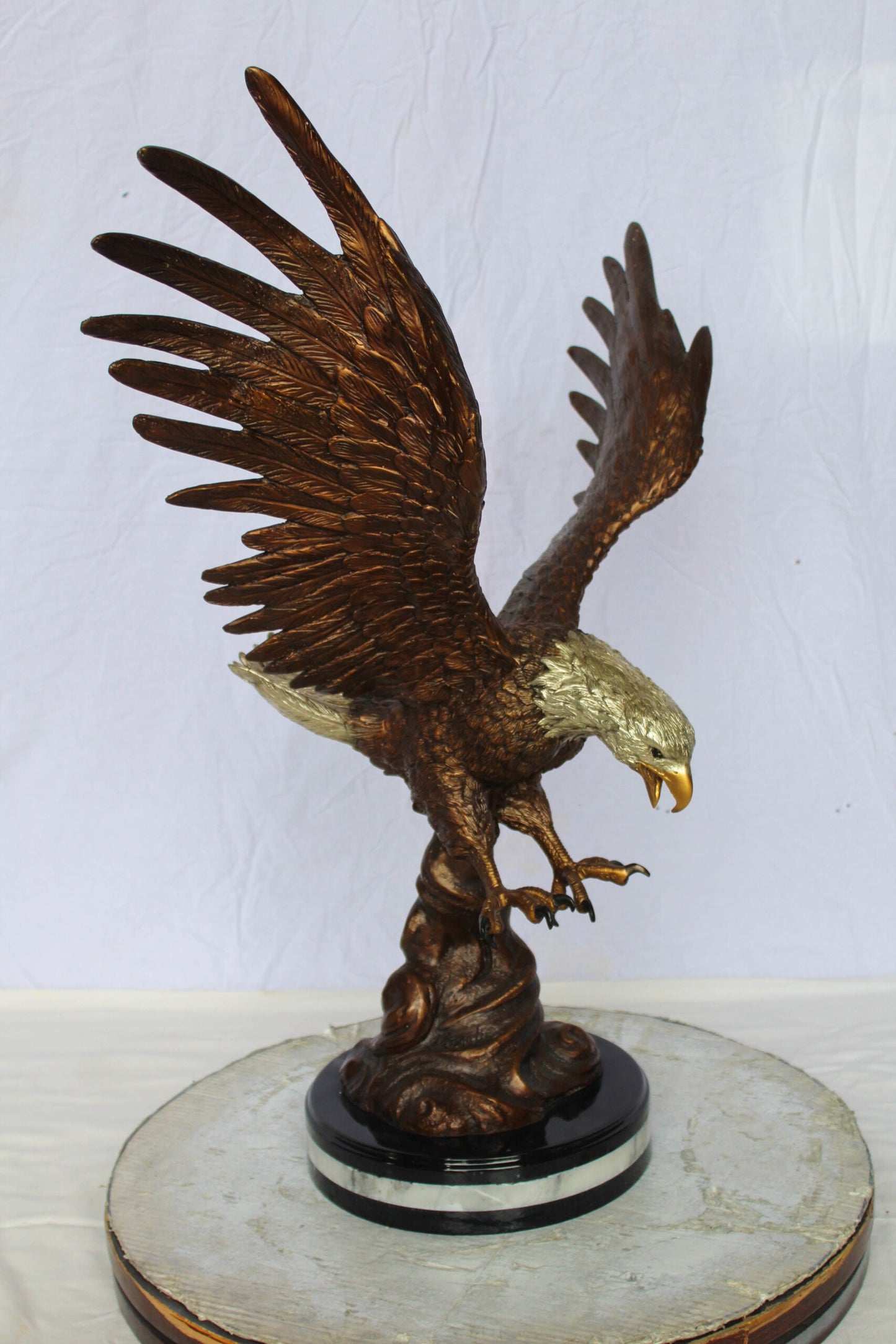 Bronze Eagle Statue With Outstretched Wings on Marble Base 17" x 29" x 32"H