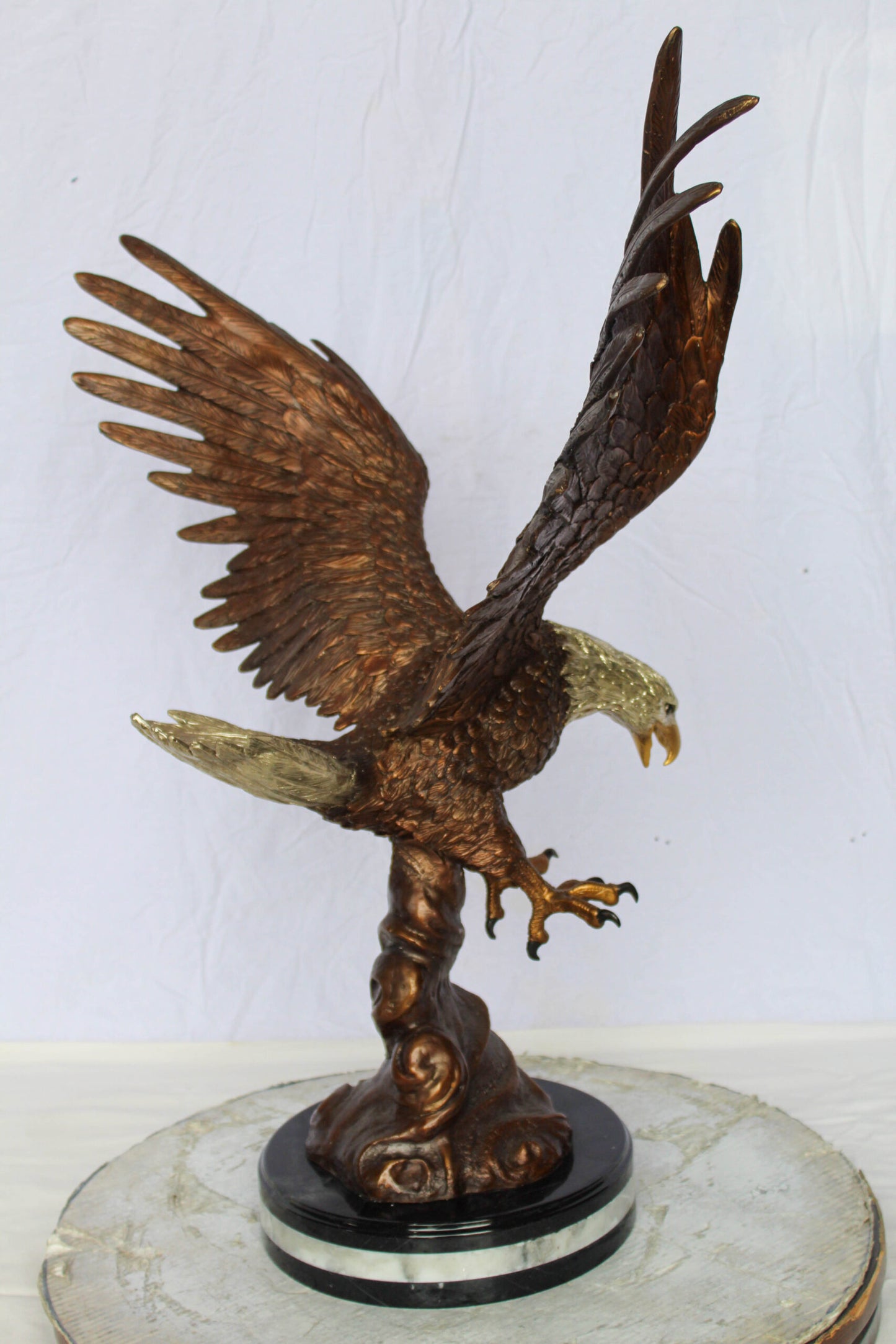 Bronze Eagle Statue With Outstretched Wings on Marble Base 17" x 29" x 32"H