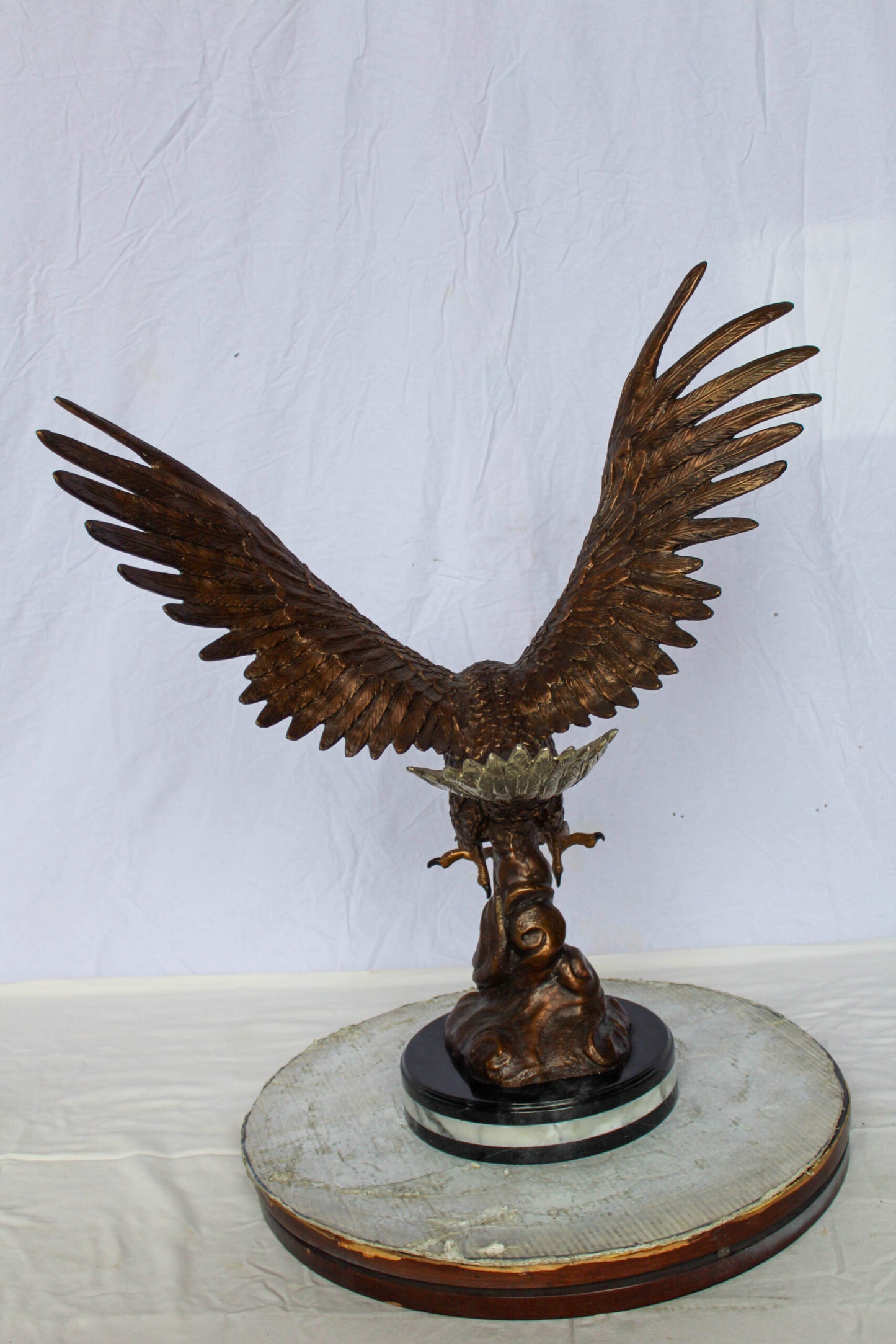 Bronze Eagle Statue With Outstretched Wings on Marble Base 17" x 29" x 32"H