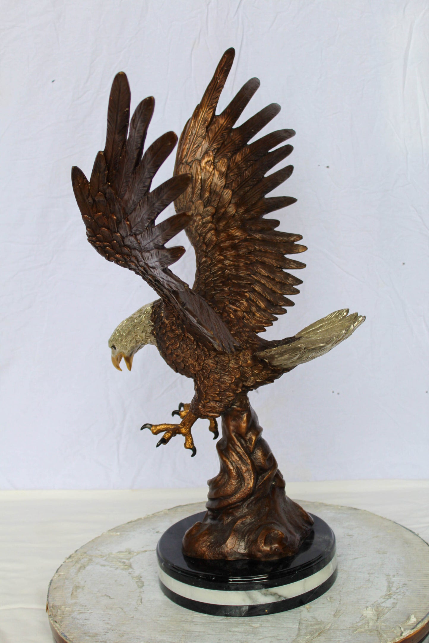 Bronze Eagle Statue With Outstretched Wings on Marble Base 17" x 29" x 32"H