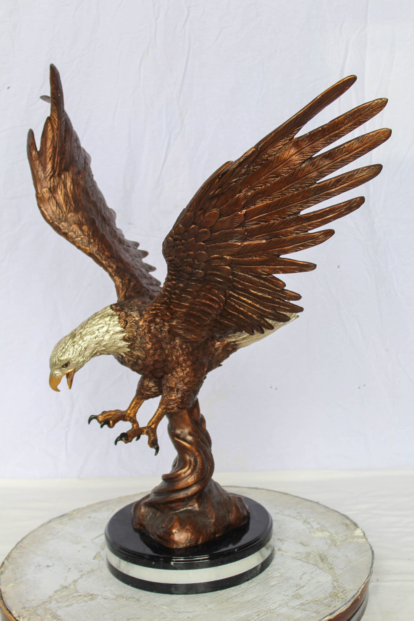 Bronze Eagle Statue With Outstretched Wings on Marble Base 17" x 29" x 32"H
