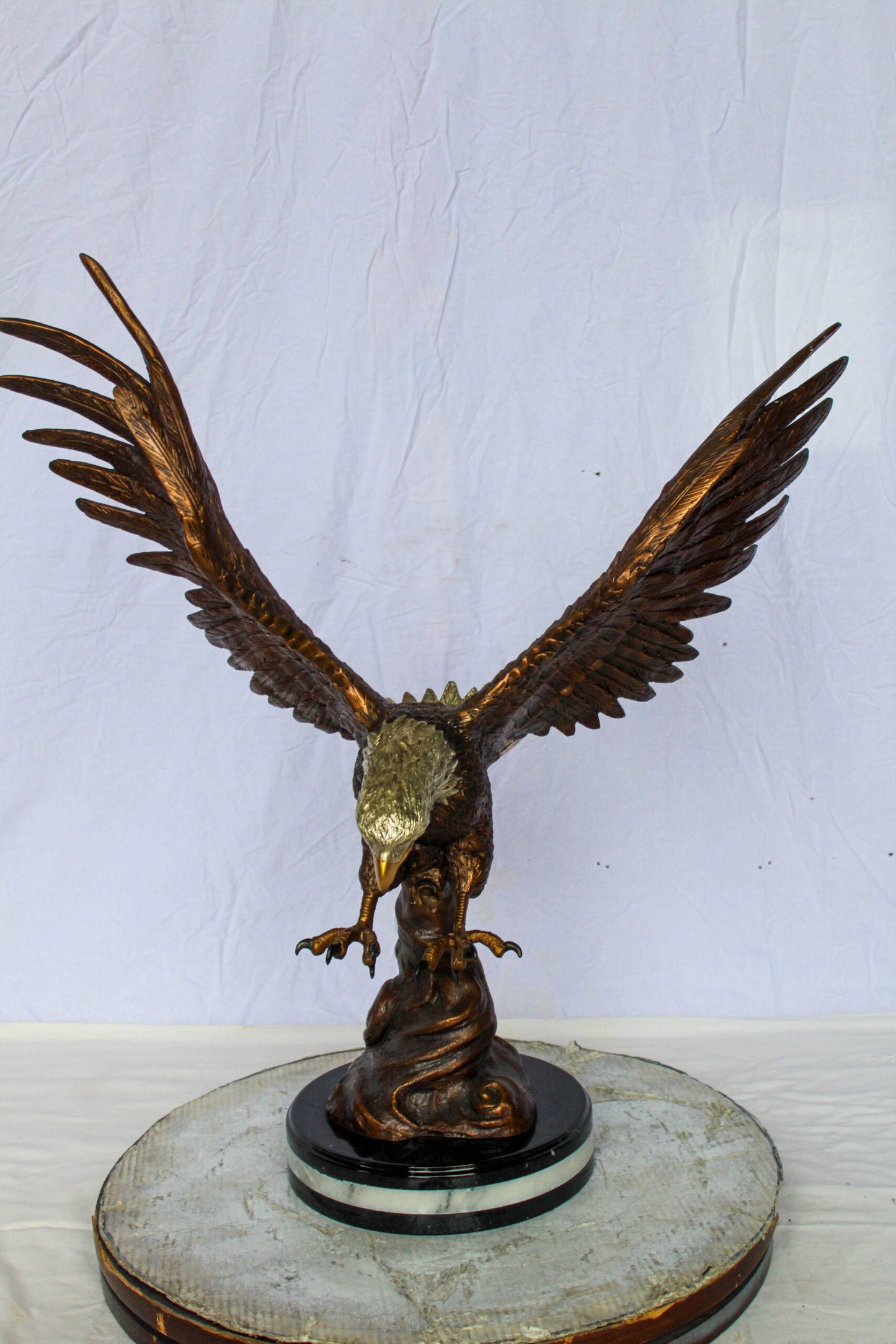 Bronze Eagle Statue With Outstretched Wings on Marble Base 17" x 29" x 32"H