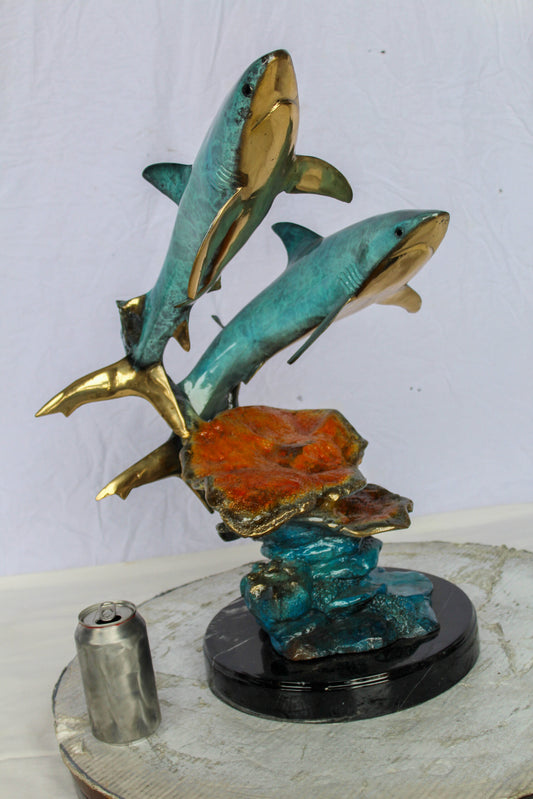 Nifao Bronze Shark Sculpture – Two Sharks Swimming Above Coral Reef – Handcrafted Lost Wax Cast Bronze with Patina Finish on Black Marble Base and Gift 11" x 16" x 23"H