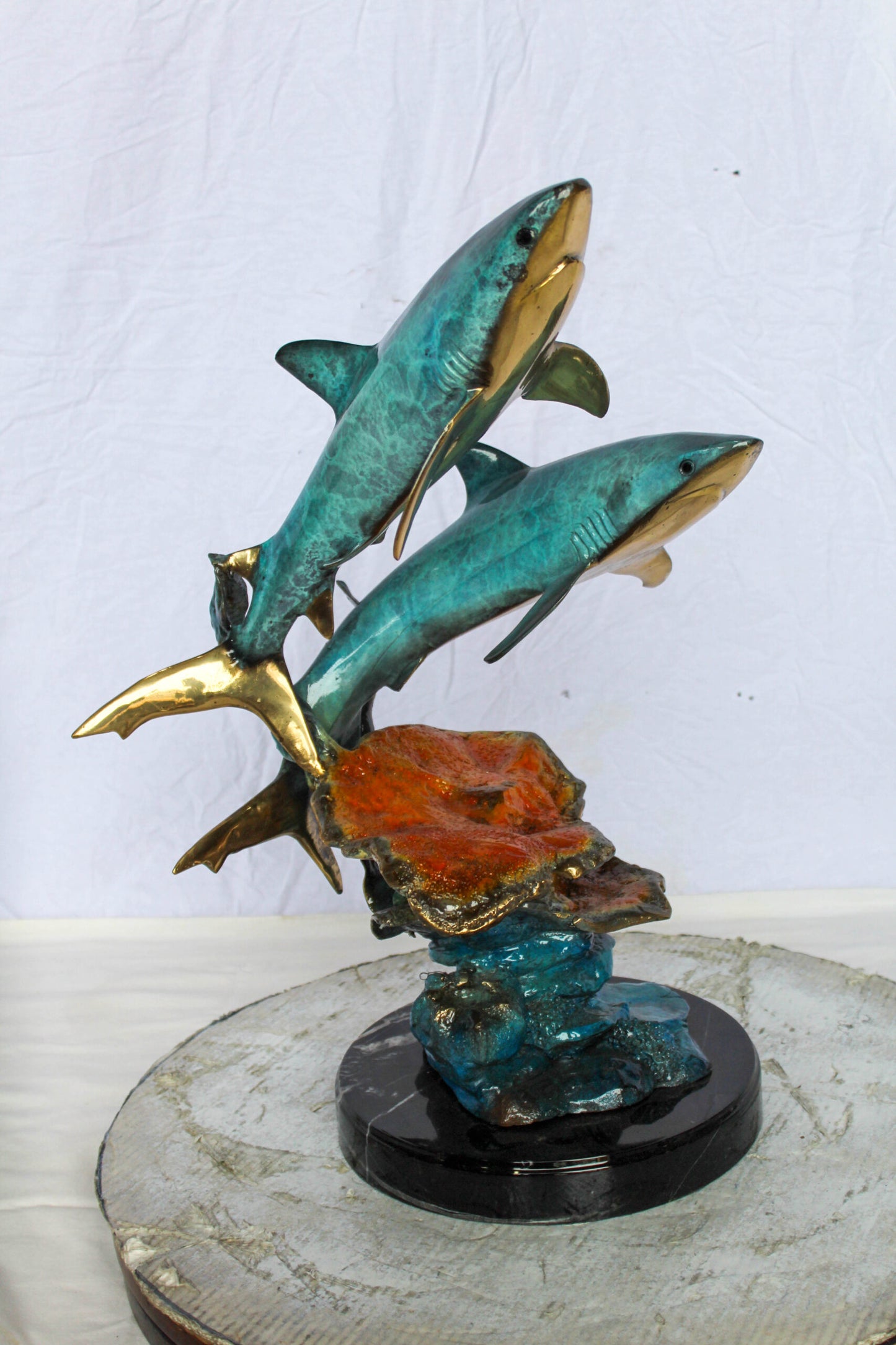 Nifao Bronze Shark Sculpture – Two Sharks Swimming Above Coral Reef – Handcrafted Lost Wax Cast Bronze with Patina Finish on Black Marble Base and Gift 11" x 16" x 23"H