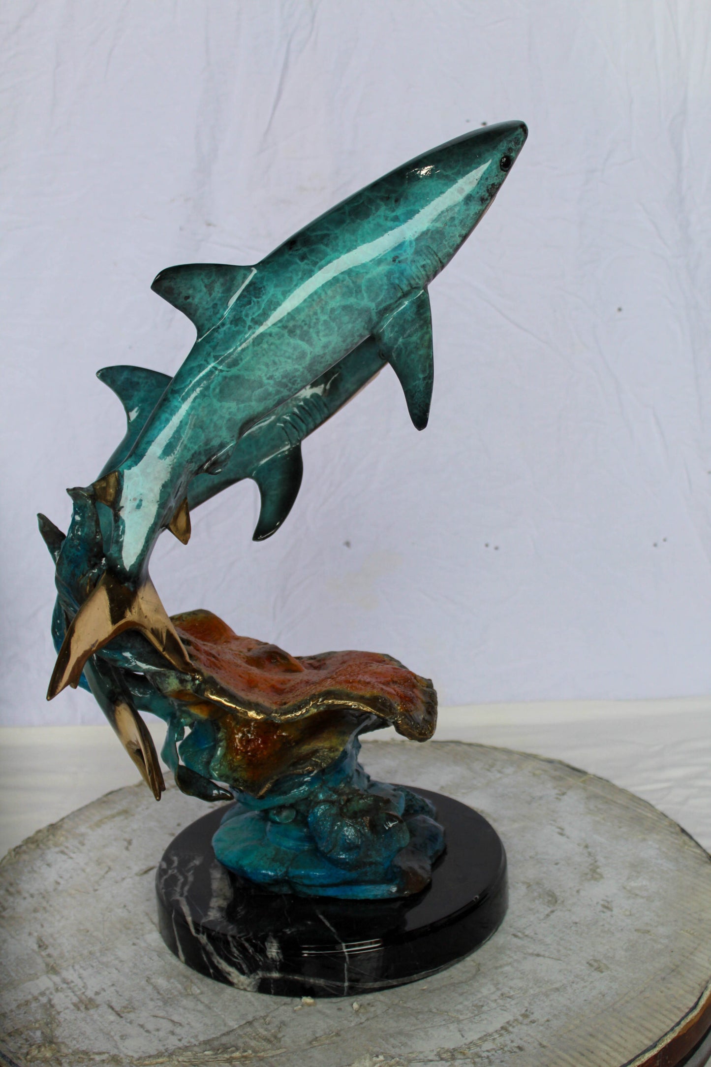 Nifao Bronze Shark Sculpture – Two Sharks Swimming Above Coral Reef – Handcrafted Lost Wax Cast Bronze with Patina Finish on Black Marble Base and Gift 11" x 16" x 23"H
