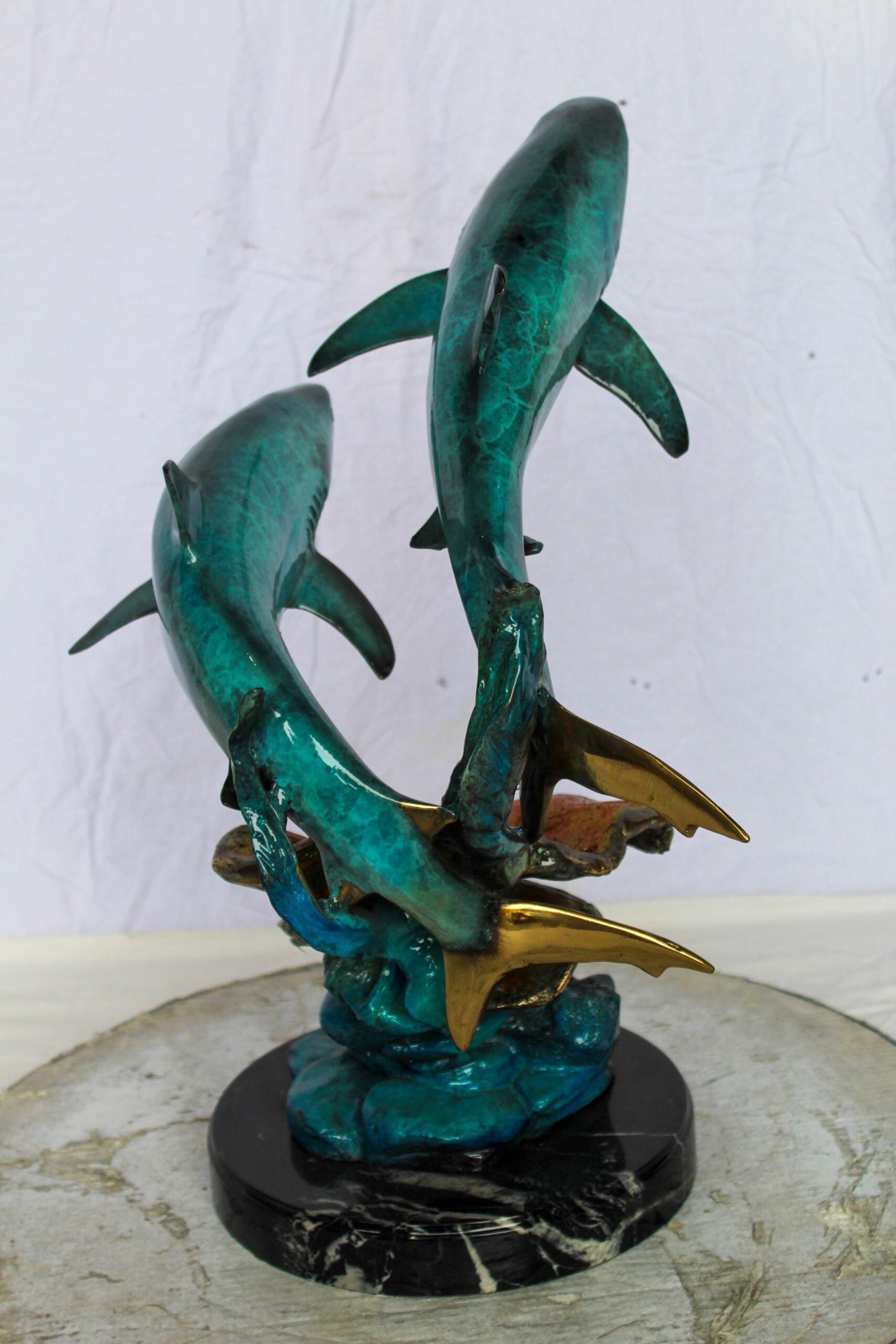 Nifao Bronze Shark Sculpture – Two Sharks Swimming Above Coral Reef – Handcrafted Lost Wax Cast Bronze with Patina Finish on Black Marble Base and Gift 11" x 16" x 23"H