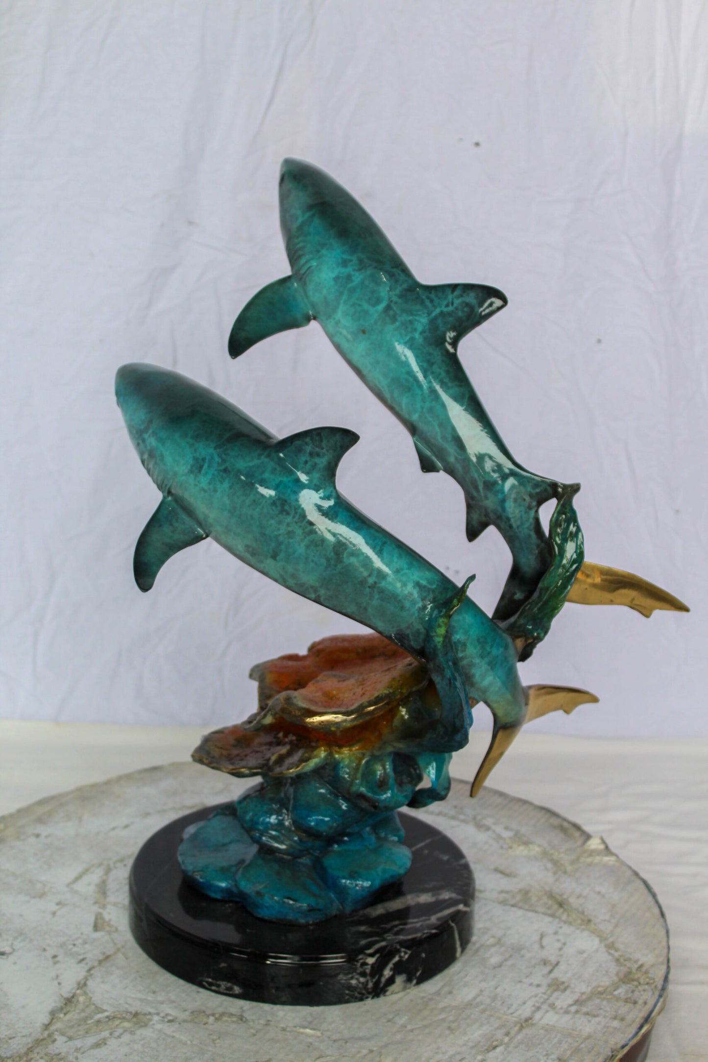 Nifao Bronze Shark Sculpture – Two Sharks Swimming Above Coral Reef – Handcrafted Lost Wax Cast Bronze with Patina Finish on Black Marble Base and Gift 11" x 16" x 23"H