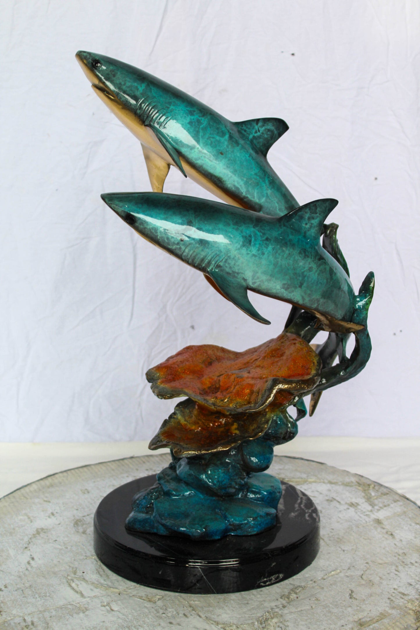 Nifao Bronze Shark Sculpture – Two Sharks Swimming Above Coral Reef – Handcrafted Lost Wax Cast Bronze with Patina Finish on Black Marble Base and Gift 11" x 16" x 23"H