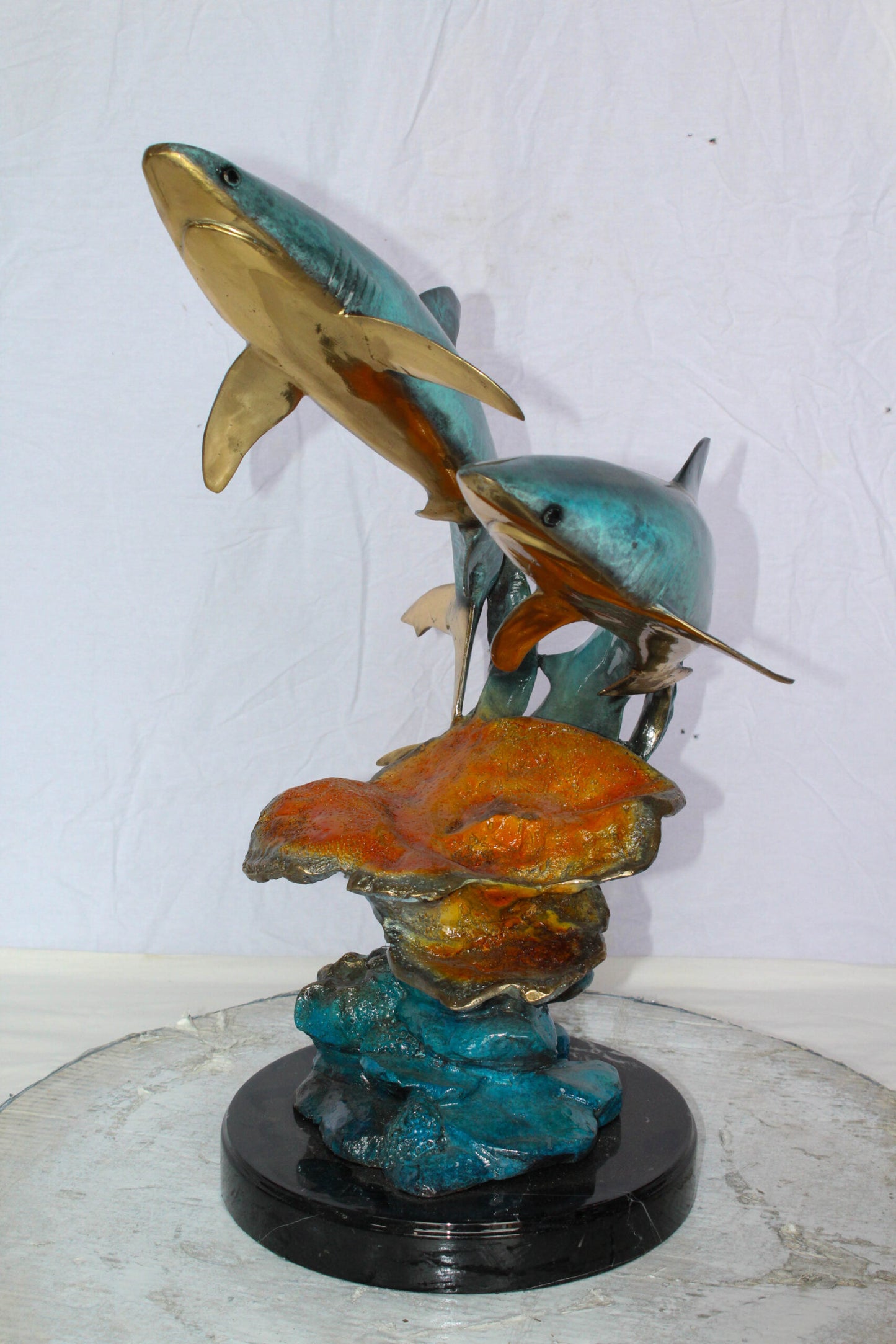 Nifao Bronze Shark Sculpture – Two Sharks Swimming Above Coral Reef – Handcrafted Lost Wax Cast Bronze with Patina Finish on Black Marble Base and Gift 11" x 16" x 23"H