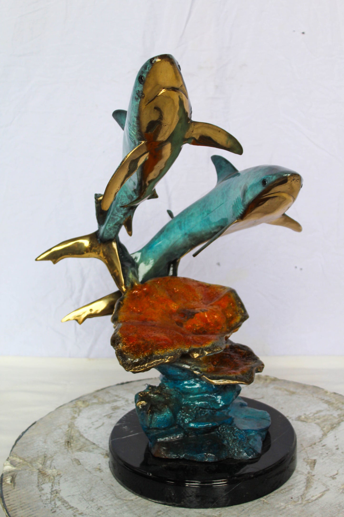 Nifao Bronze Shark Sculpture – Two Sharks Swimming Above Coral Reef – Handcrafted Lost Wax Cast Bronze with Patina Finish on Black Marble Base and Gift 11" x 16" x 23"H