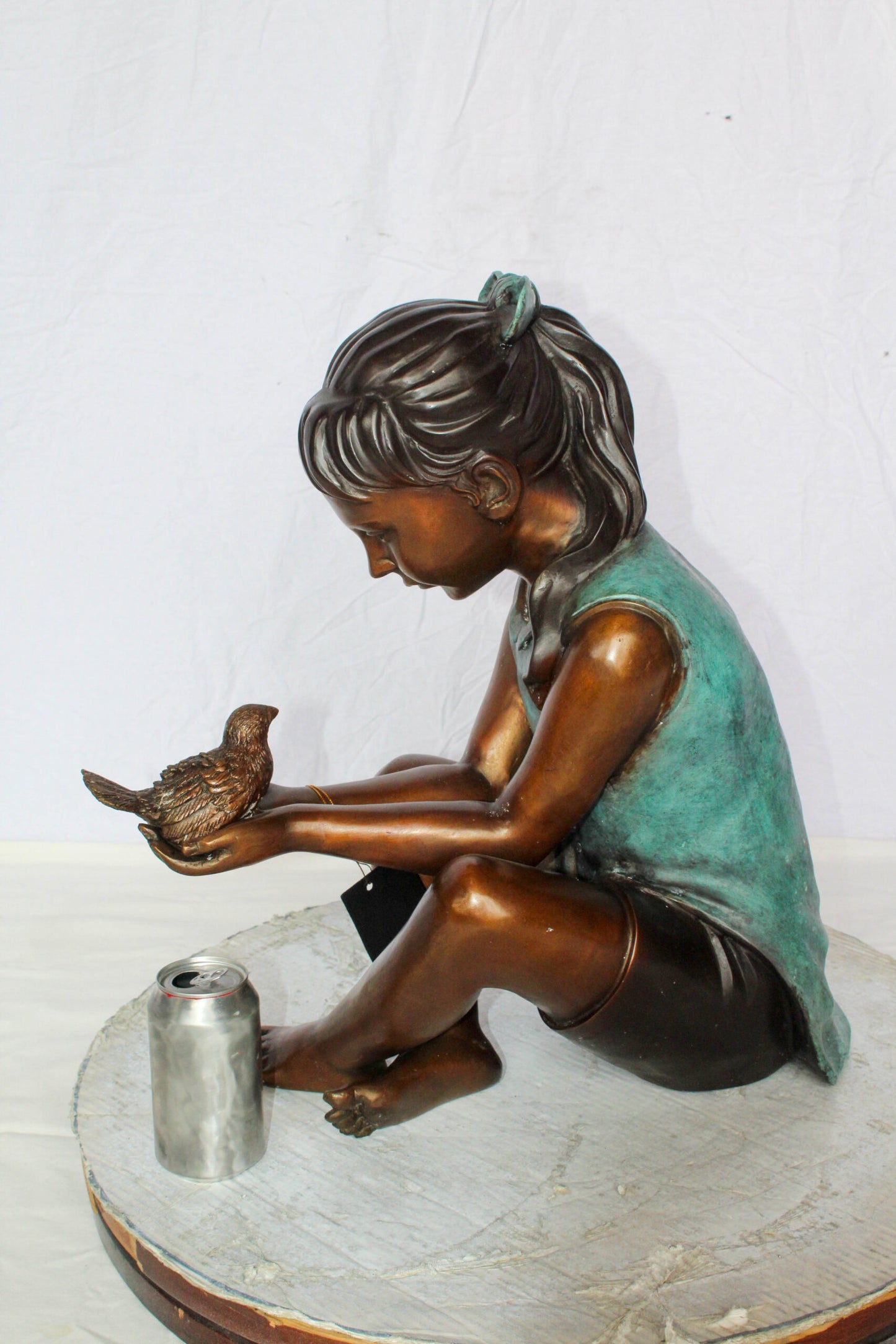 Bronze Girl Holding Bird Statue Lost Wax Sculpture with Patina 19" x 10" x 20"H