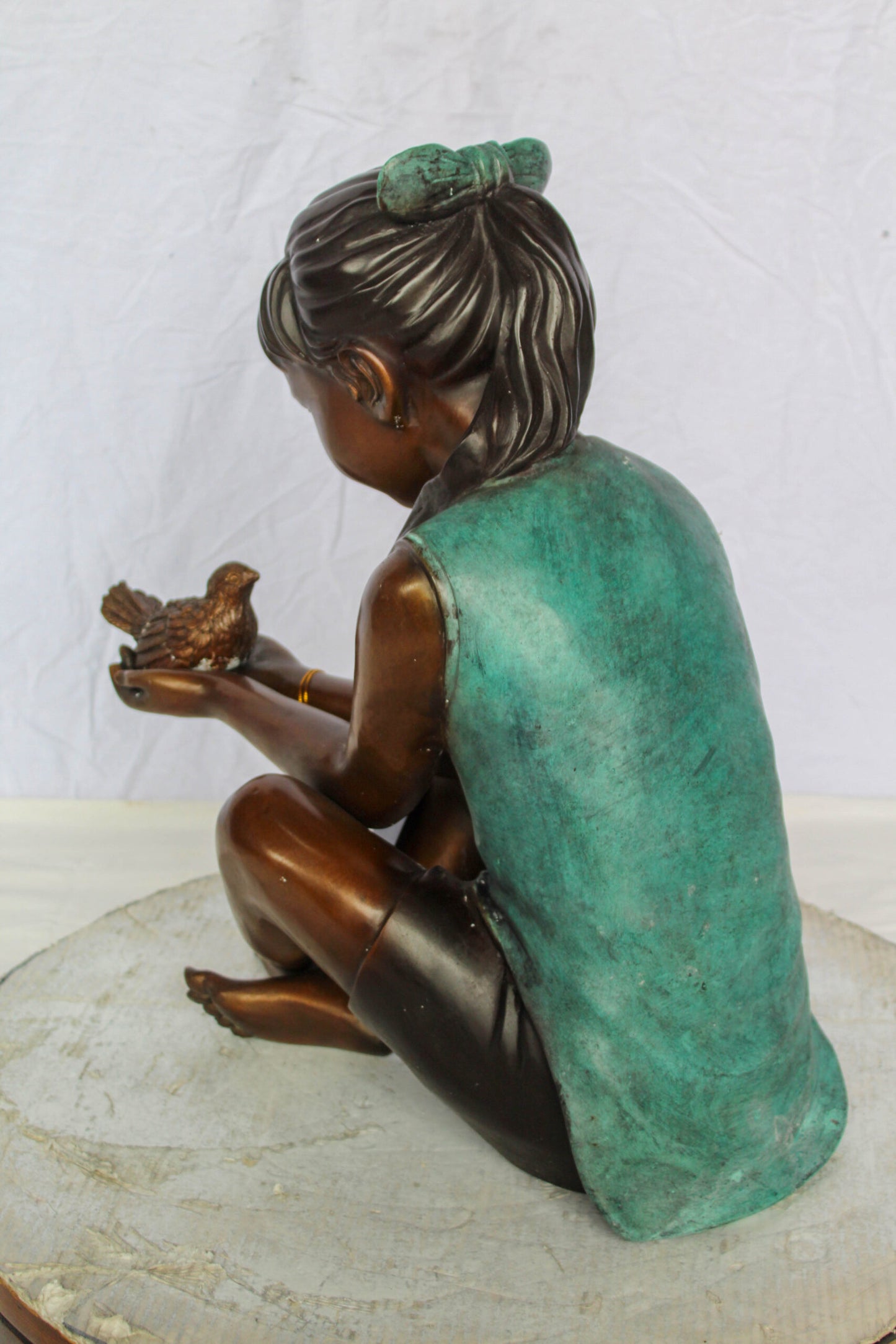 Bronze Girl Holding Bird Statue Lost Wax Sculpture with Patina 19" x 10" x 20"H