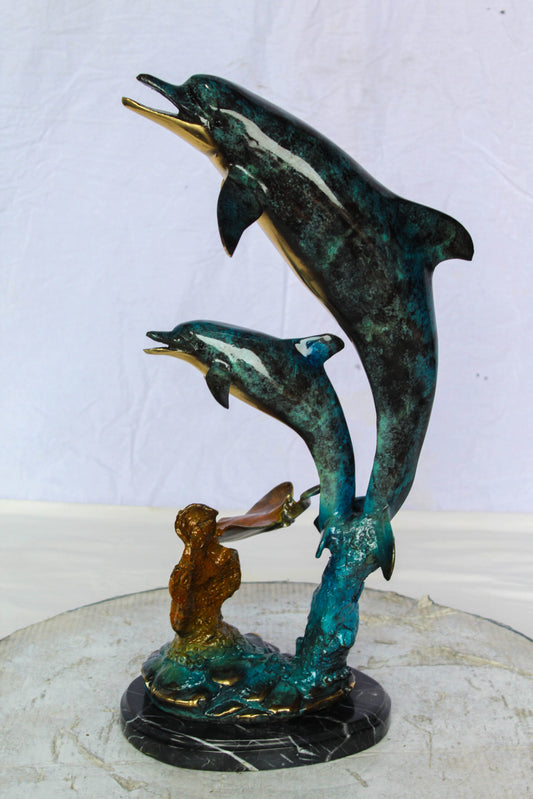 Nifao Enchanting Bronze Mermaid with Two Dolphins Statue – Handcrafted Lost Wax Sculpture with Marble Base, Ocean Fantasy Art Decor for Home, Coastal Themes, and Collectors 9" x 7" x 22"H