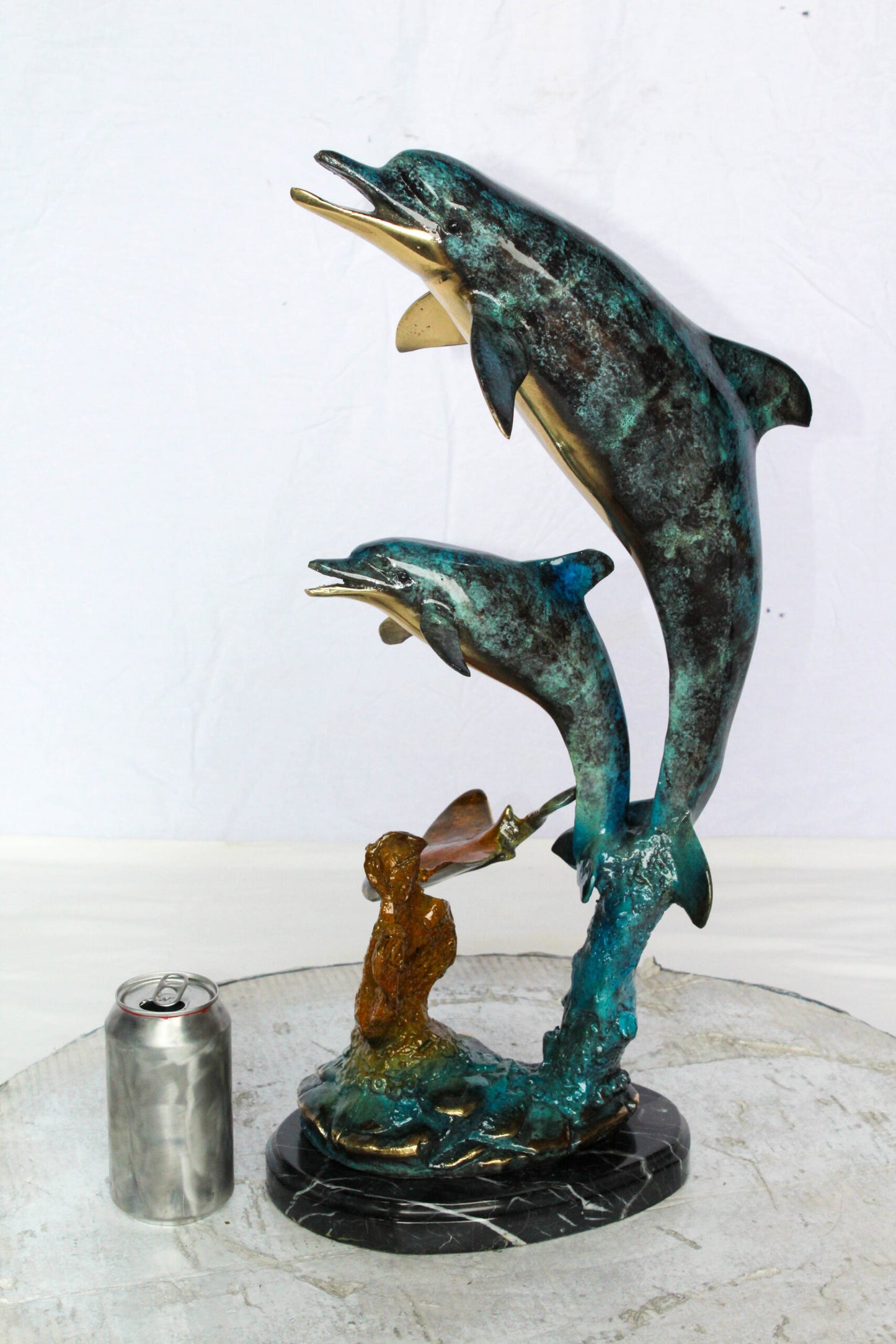 Nifao Enchanting Bronze Mermaid with Two Dolphins Statue – Handcrafted Lost Wax Sculpture with Marble Base, Ocean Fantasy Art Decor for Home, Coastal Themes, and Collectors 9" x 7" x 22"H