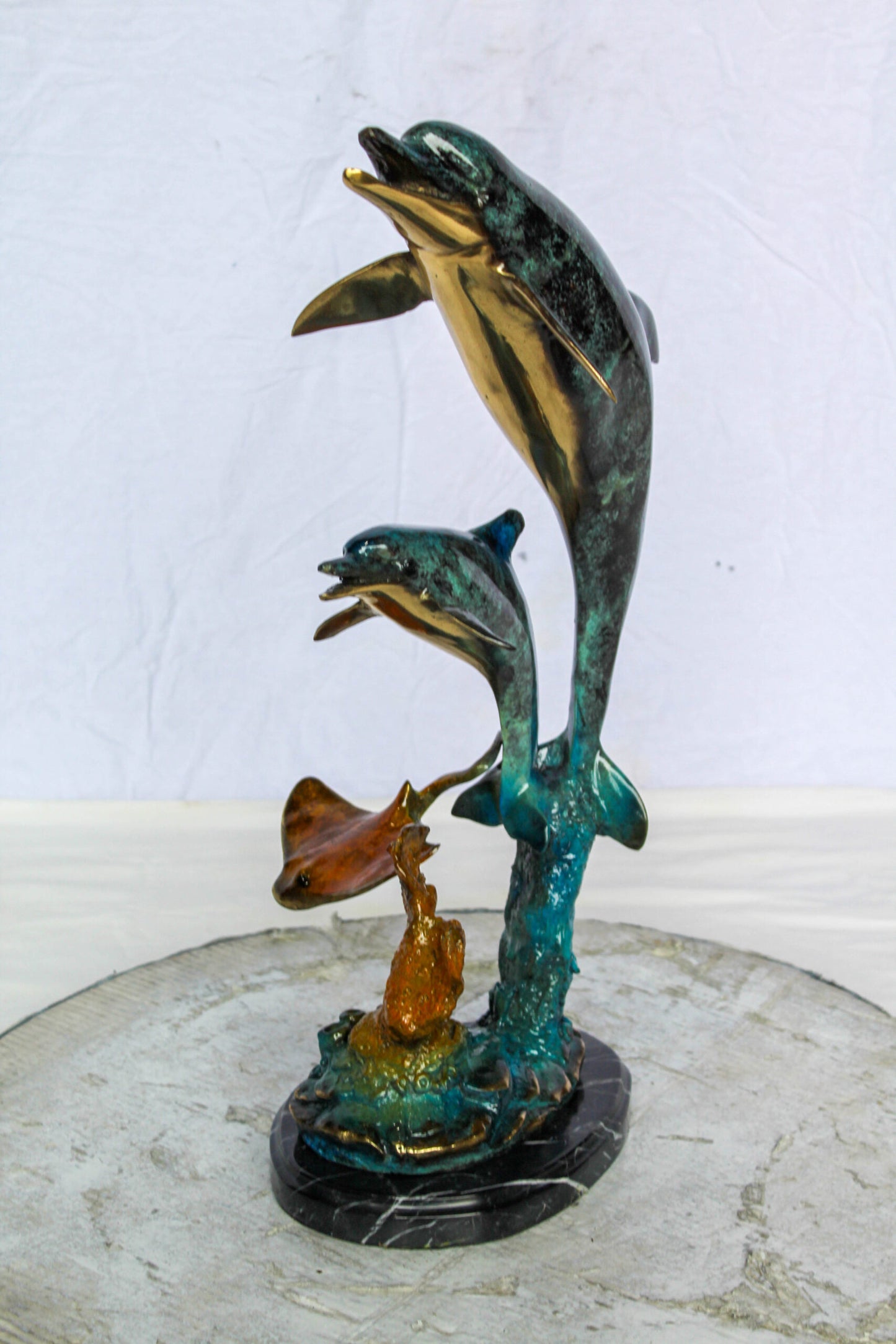 Nifao Enchanting Bronze Mermaid with Two Dolphins Statue – Handcrafted Lost Wax Sculpture with Marble Base, Ocean Fantasy Art Decor for Home, Coastal Themes, and Collectors 9" x 7" x 22"H