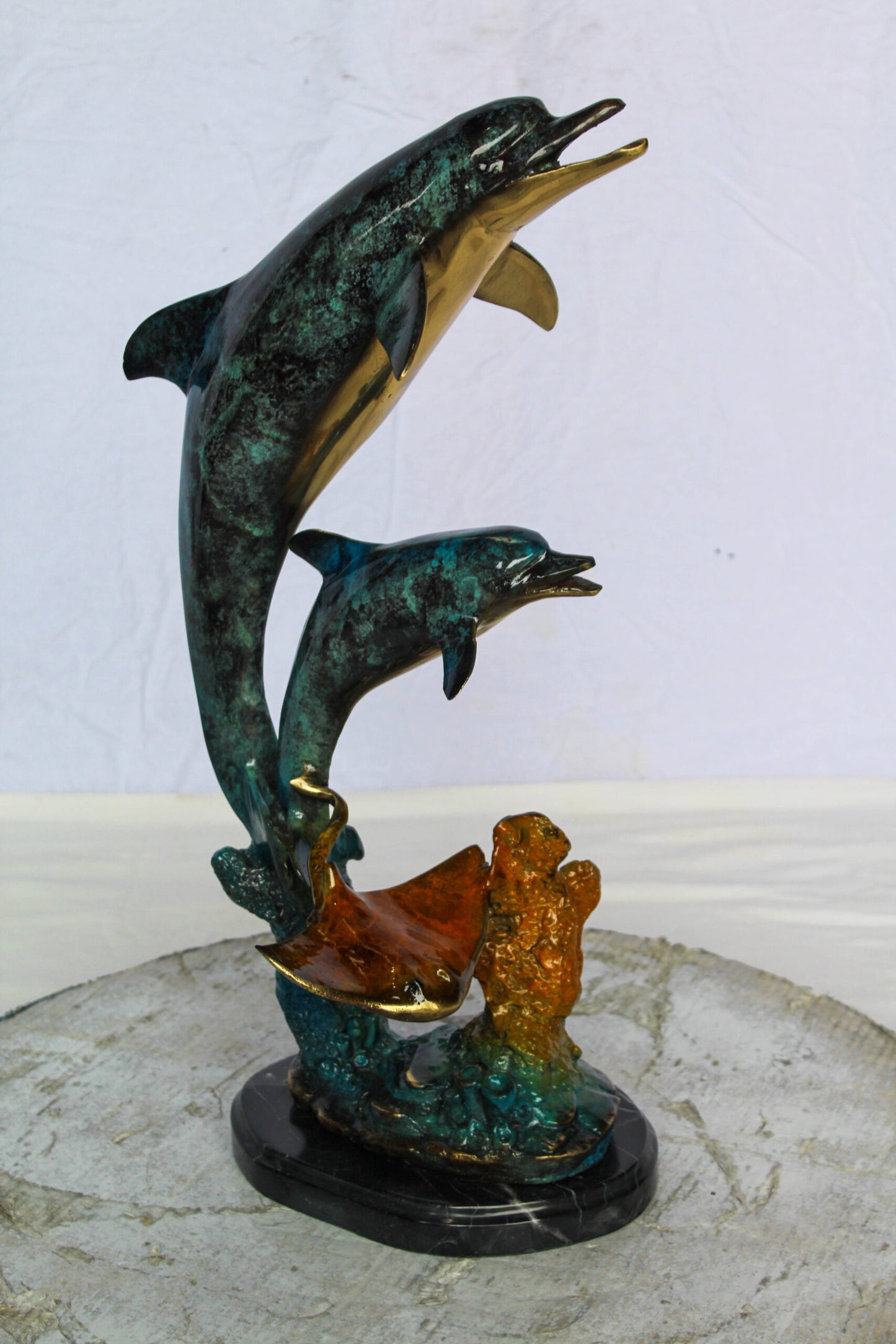 Nifao Enchanting Bronze Mermaid with Two Dolphins Statue – Handcrafted Lost Wax Sculpture with Marble Base, Ocean Fantasy Art Decor for Home, Coastal Themes, and Collectors 9" x 7" x 22"H