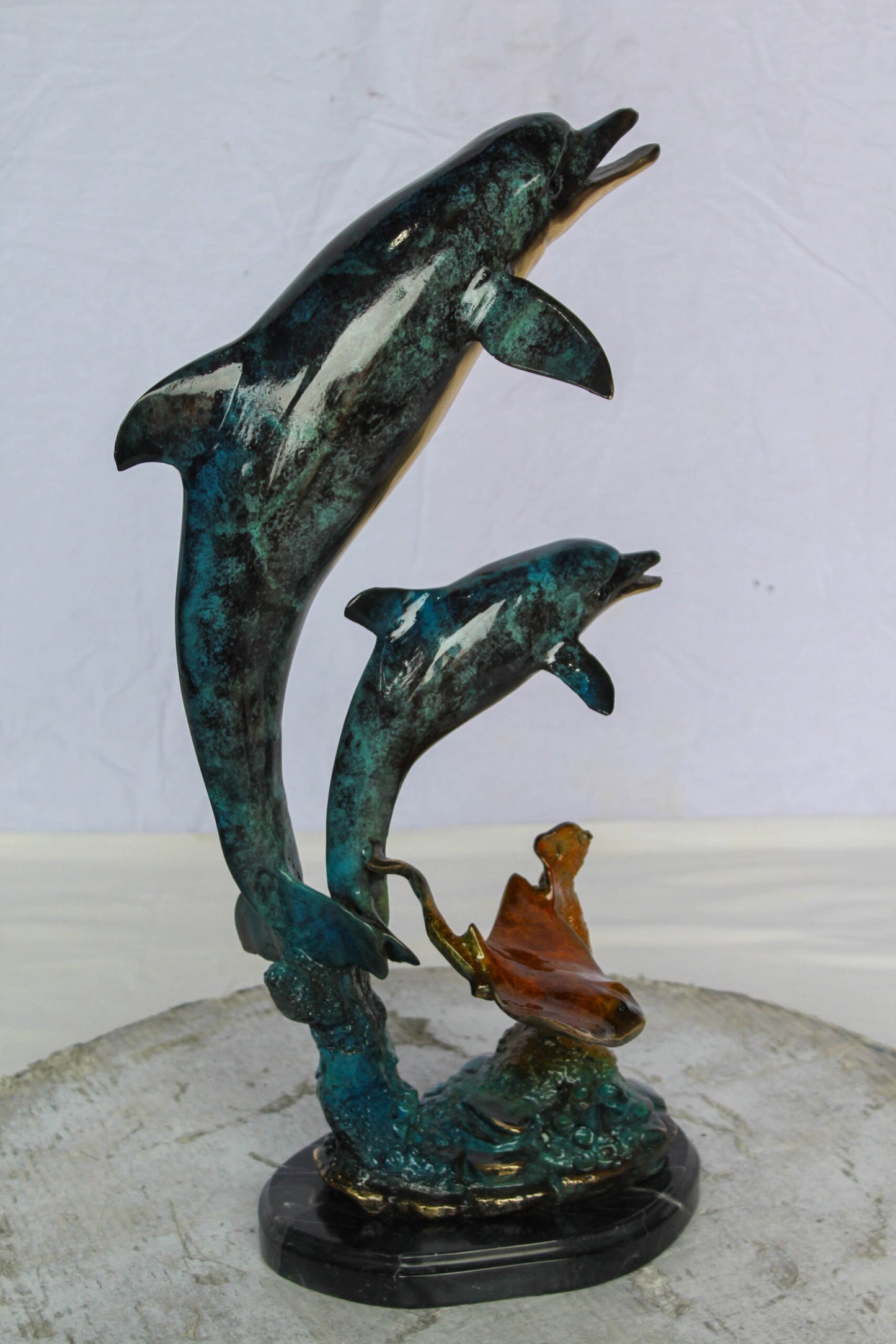 Nifao Enchanting Bronze Mermaid with Two Dolphins Statue – Handcrafted Lost Wax Sculpture with Marble Base, Ocean Fantasy Art Decor for Home, Coastal Themes, and Collectors 9" x 7" x 22"H