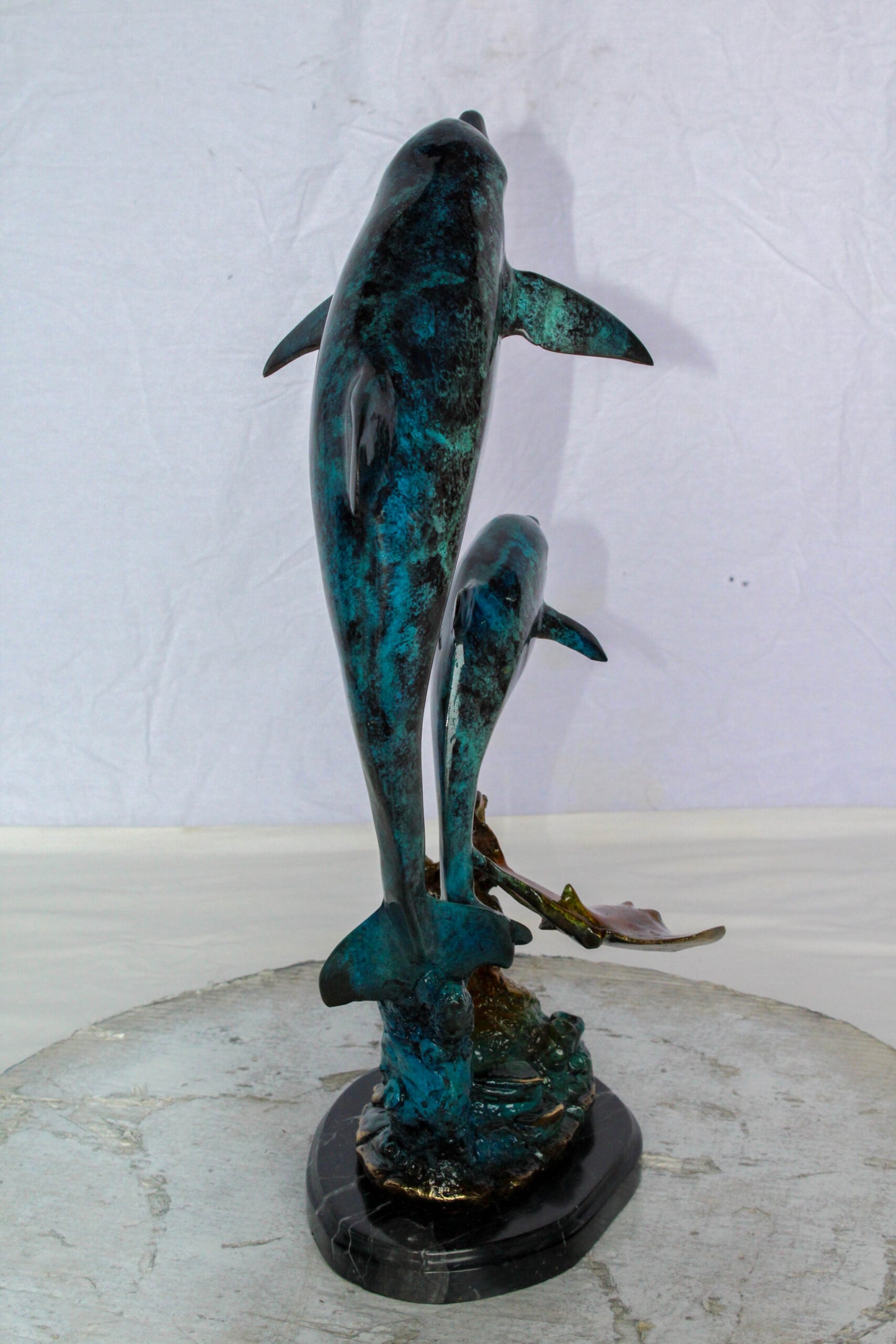 Nifao Enchanting Bronze Mermaid with Two Dolphins Statue – Handcrafted Lost Wax Sculpture with Marble Base, Ocean Fantasy Art Decor for Home, Coastal Themes, and Collectors 9" x 7" x 22"H
