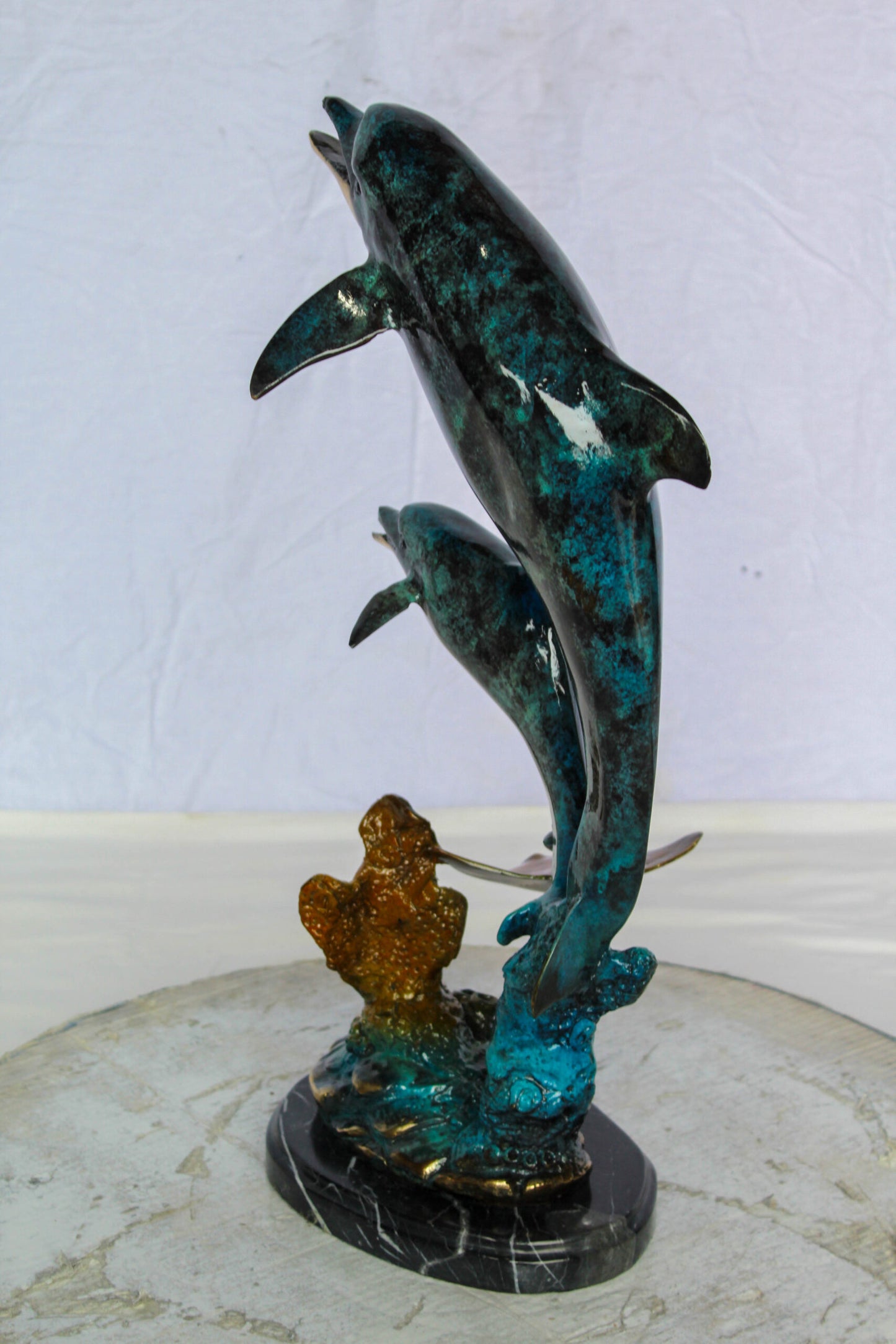 Nifao Enchanting Bronze Mermaid with Two Dolphins Statue – Handcrafted Lost Wax Sculpture with Marble Base, Ocean Fantasy Art Decor for Home, Coastal Themes, and Collectors 9" x 7" x 22"H