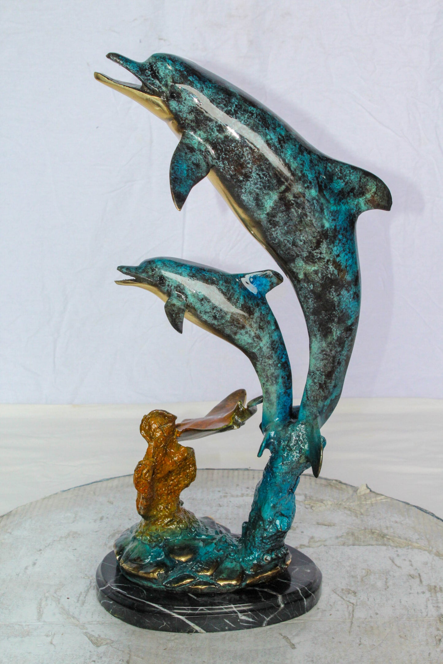 Nifao Enchanting Bronze Mermaid with Two Dolphins Statue – Handcrafted Lost Wax Sculpture with Marble Base, Ocean Fantasy Art Decor for Home, Coastal Themes, and Collectors 9" x 7" x 22"H
