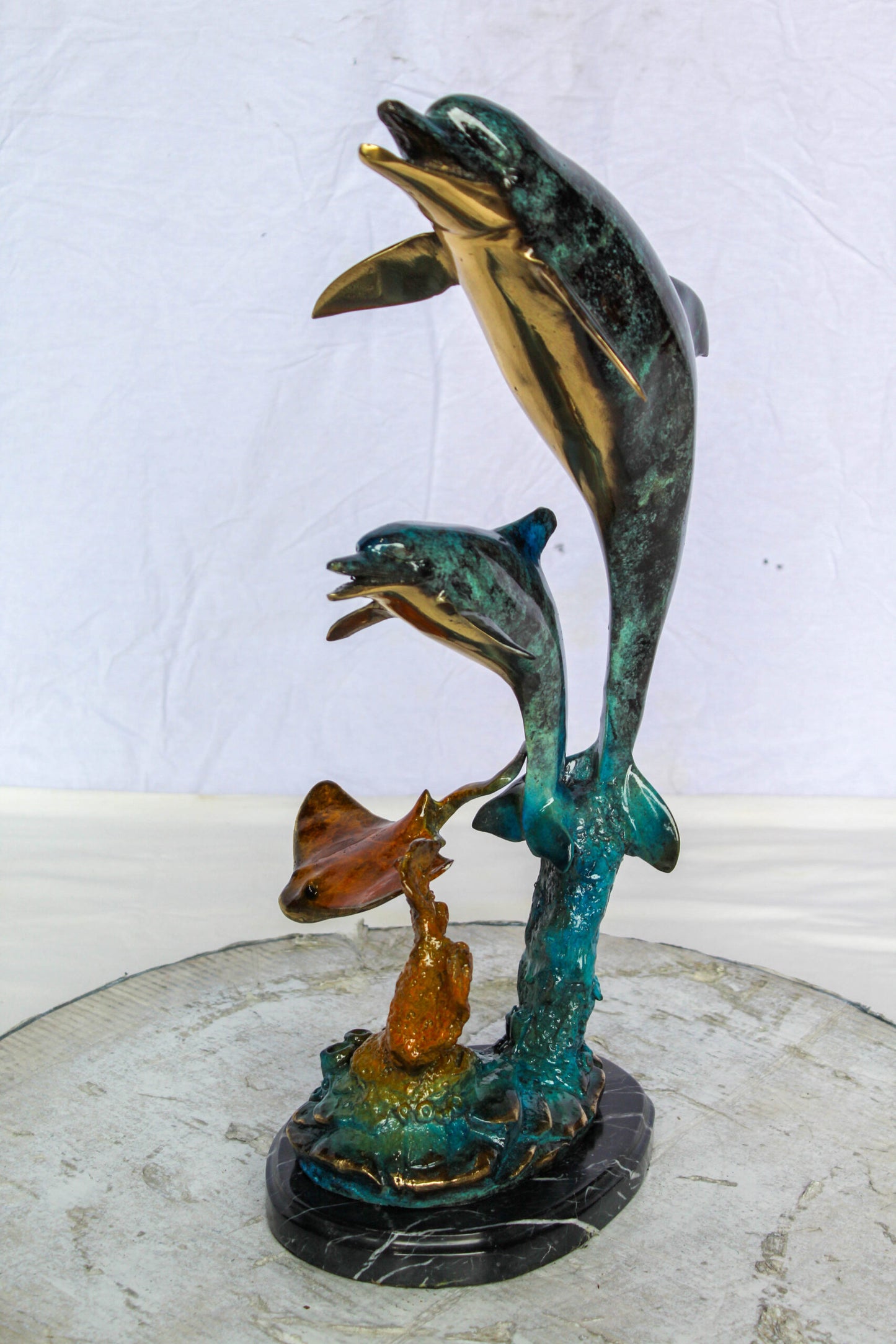 Nifao Enchanting Bronze Mermaid with Two Dolphins Statue – Handcrafted Lost Wax Sculpture with Marble Base, Ocean Fantasy Art Decor for Home, Coastal Themes, and Collectors 9" x 7" x 22"H