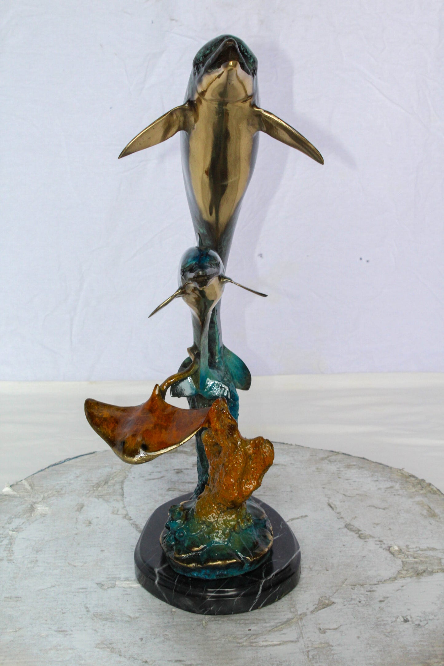 Nifao Enchanting Bronze Mermaid with Two Dolphins Statue – Handcrafted Lost Wax Sculpture with Marble Base, Ocean Fantasy Art Decor for Home, Coastal Themes, and Collectors 9" x 7" x 22"H