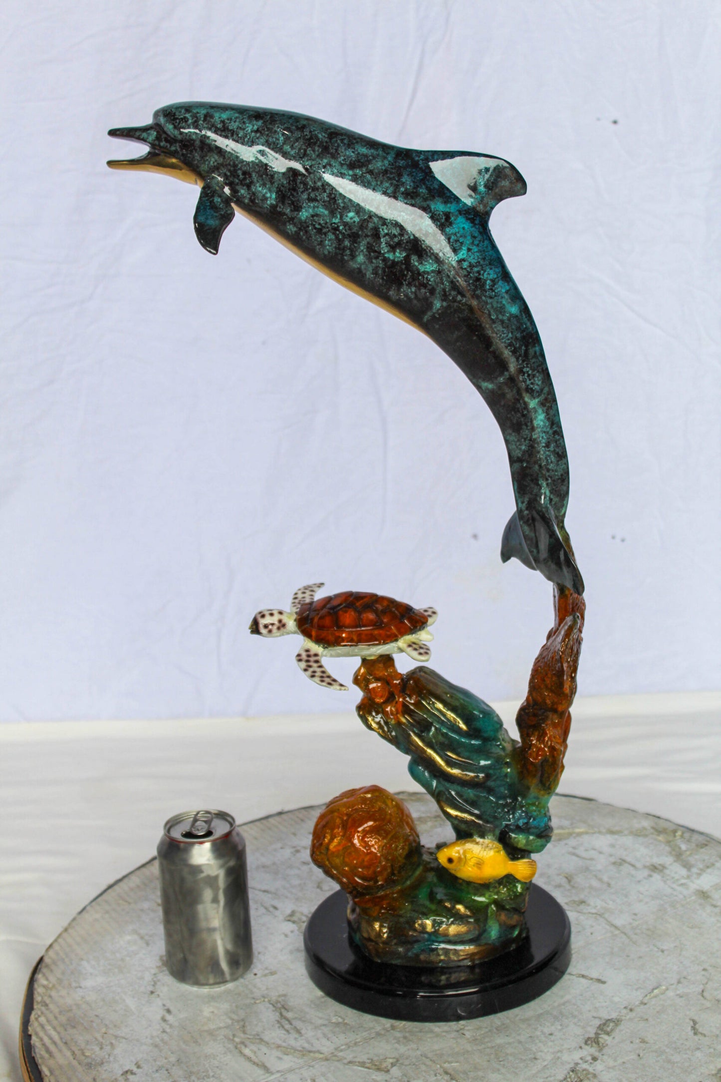 Nifao Bronze Dolphin with Sea Turtle & Coral Reef Sculpture – Handcrafted Lost Wax Cast, Patina & Polished Ocean Scene Statue –Coastal Marine Life Decor Accent for Home 8" x 13" x 25"H