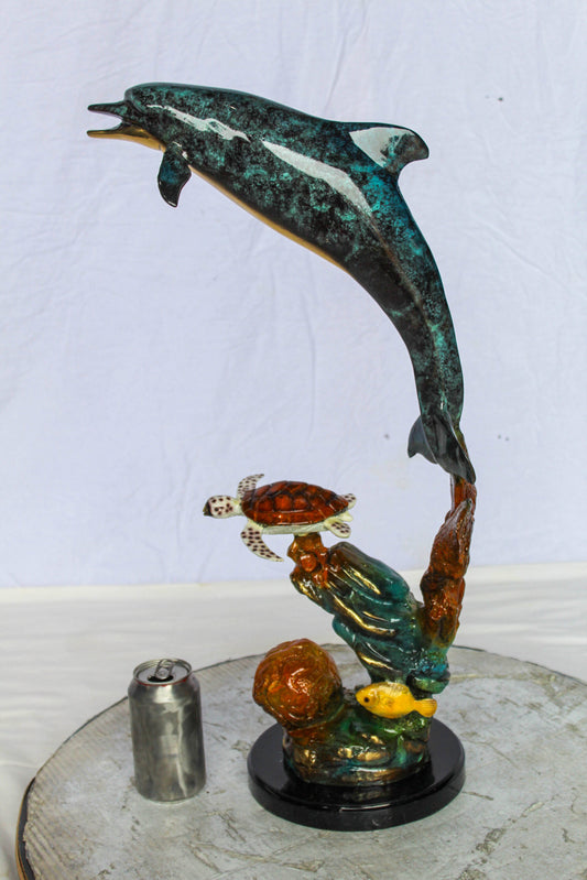 Nifao Bronze Dolphin with Sea Turtle & Coral Reef Sculpture – Handcrafted Lost Wax Cast, Patina & Polished Ocean Scene Statue –Coastal Marine Life Decor Accent for Home 8" x 13" x 25"H