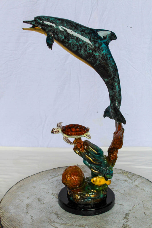 Nifao Bronze Dolphin with Sea Turtle & Coral Reef Sculpture – Handcrafted Lost Wax Cast, Patina & Polished Ocean Scene Statue –Coastal Marine Life Decor Accent for Home 8" x 13" x 25"H