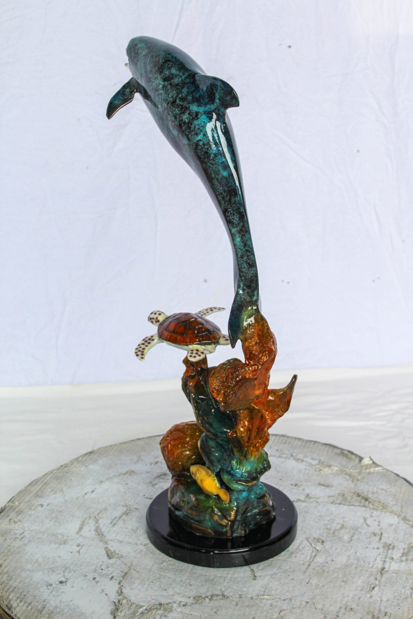 Nifao Bronze Dolphin with Sea Turtle & Coral Reef Sculpture – Handcrafted Lost Wax Cast, Patina & Polished Ocean Scene Statue –Coastal Marine Life Decor Accent for Home 8" x 13" x 25"H