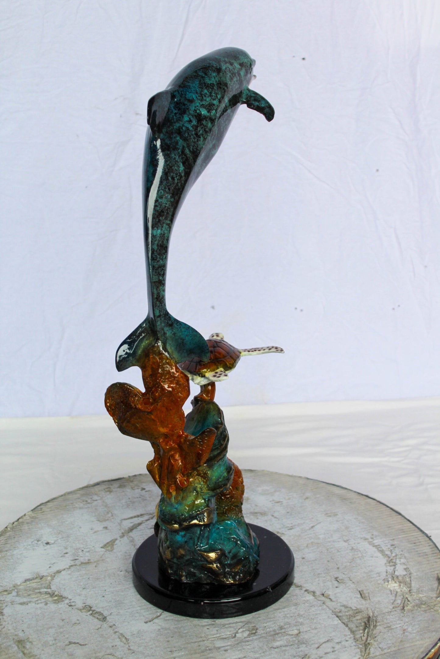 Nifao Bronze Dolphin with Sea Turtle & Coral Reef Sculpture – Handcrafted Lost Wax Cast, Patina & Polished Ocean Scene Statue –Coastal Marine Life Decor Accent for Home 8" x 13" x 25"H