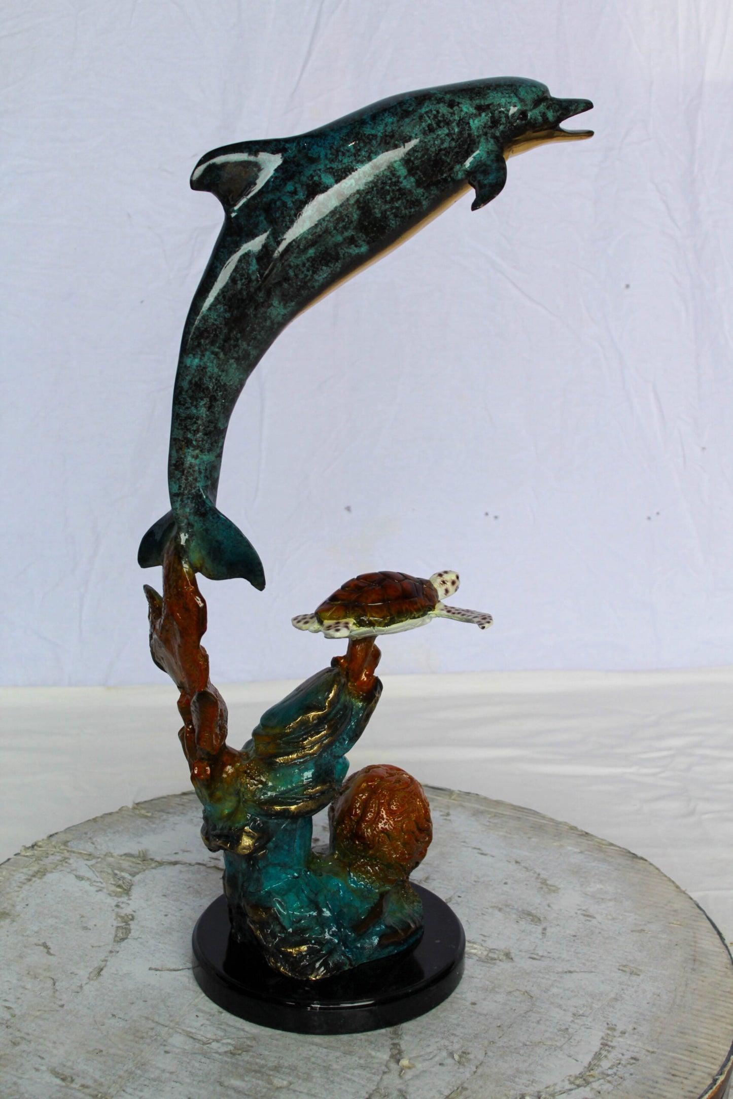 Nifao Bronze Dolphin with Sea Turtle & Coral Reef Sculpture – Handcrafted Lost Wax Cast, Patina & Polished Ocean Scene Statue –Coastal Marine Life Decor Accent for Home 8" x 13" x 25"H