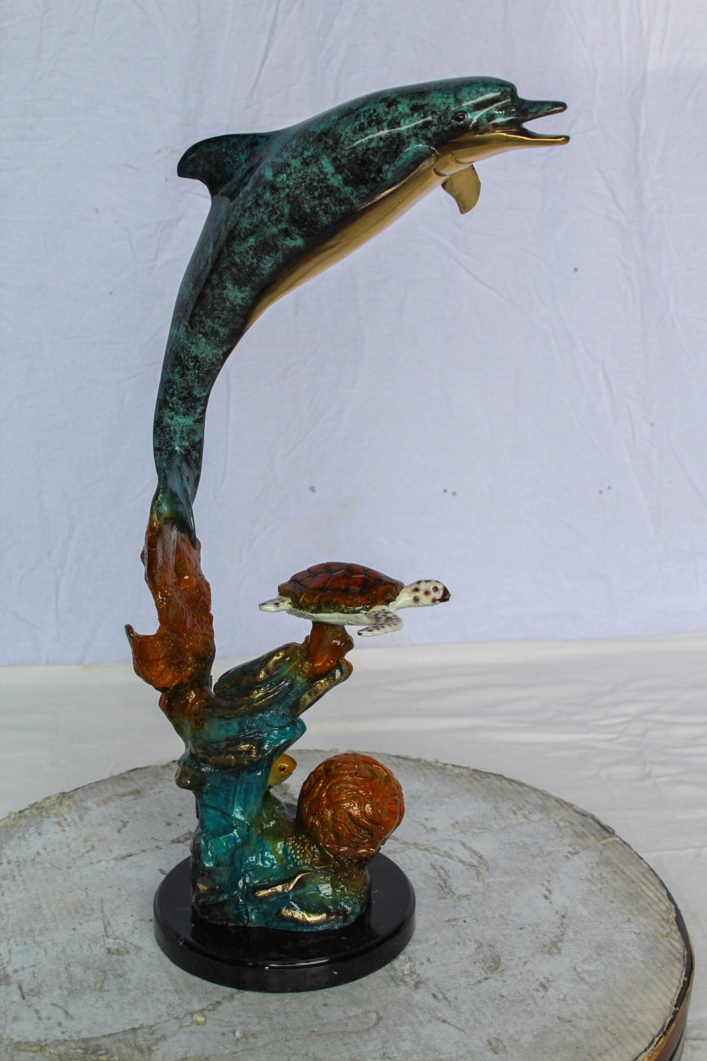 Nifao Bronze Dolphin with Sea Turtle & Coral Reef Sculpture – Handcrafted Lost Wax Cast, Patina & Polished Ocean Scene Statue –Coastal Marine Life Decor Accent for Home 8" x 13" x 25"H