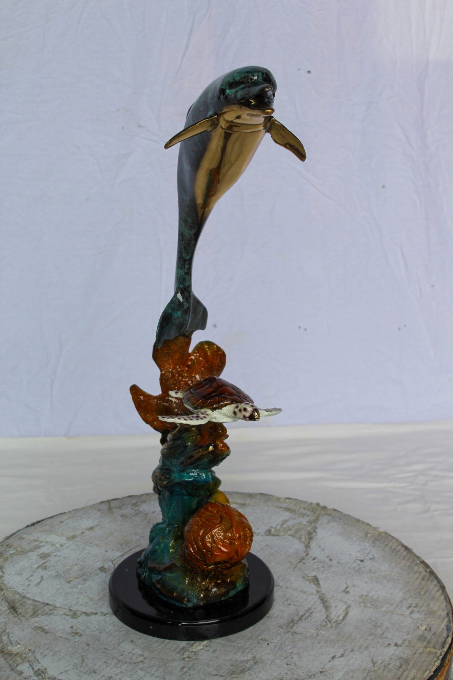 Nifao Bronze Dolphin with Sea Turtle & Coral Reef Sculpture – Handcrafted Lost Wax Cast, Patina & Polished Ocean Scene Statue –Coastal Marine Life Decor Accent for Home 8" x 13" x 25"H