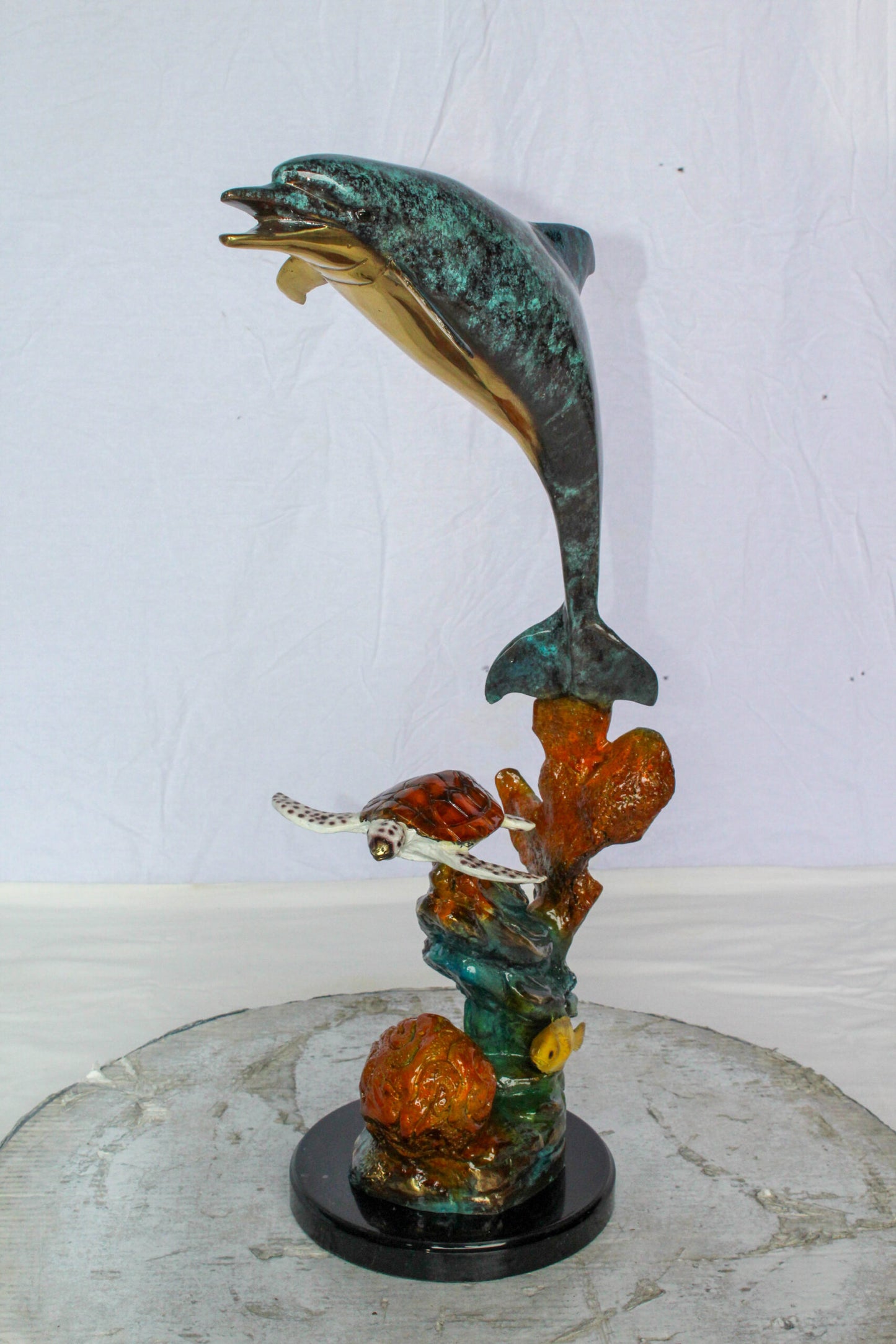 Nifao Bronze Dolphin with Sea Turtle & Coral Reef Sculpture – Handcrafted Lost Wax Cast, Patina & Polished Ocean Scene Statue –Coastal Marine Life Decor Accent for Home 8" x 13" x 25"H
