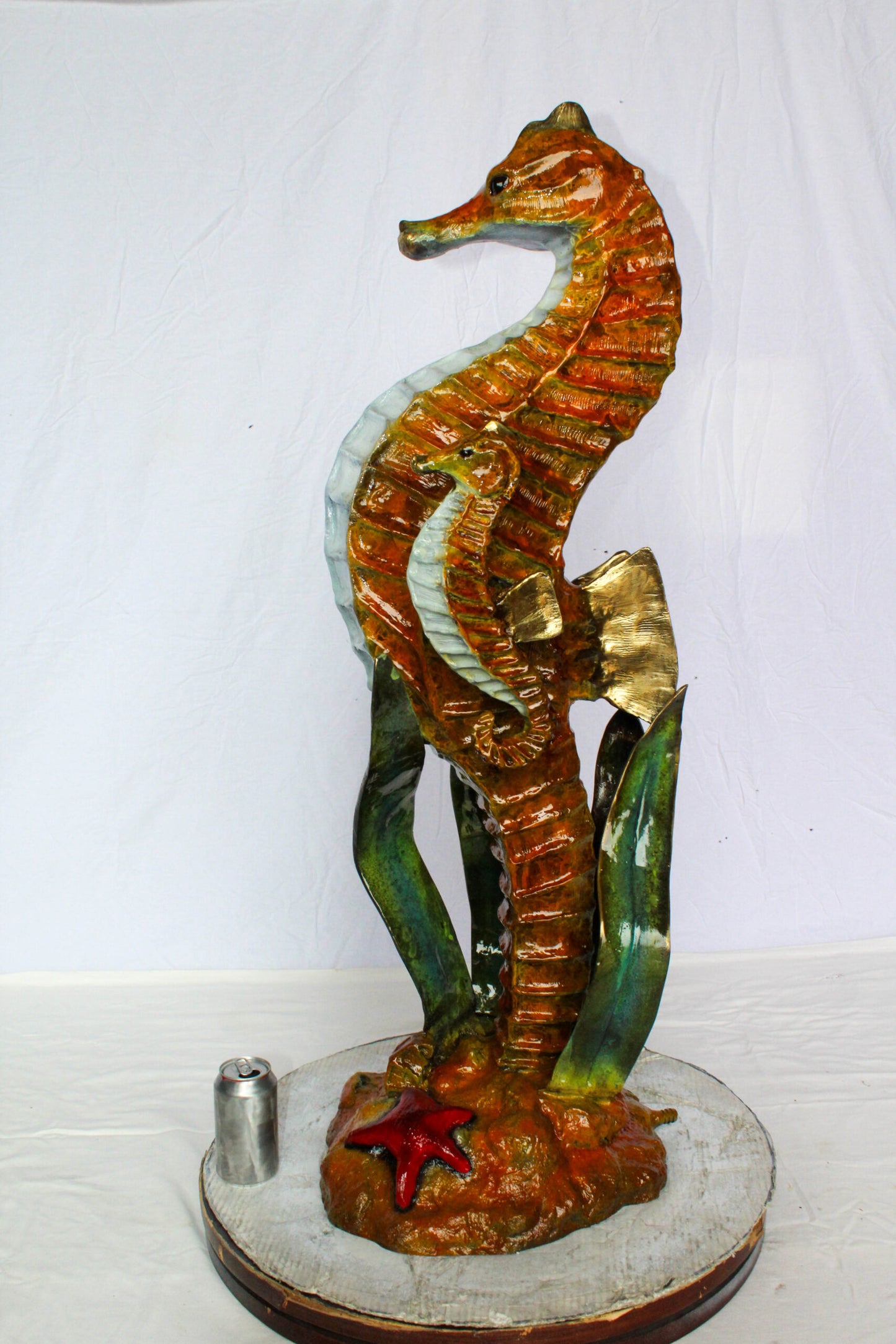 Nifao Bronze Seahorse with Baby Sculpture – Handcrafted Lost Wax Cast Ocean Life Statue with Seagrass & Starfish Details – Rich Patina & Polished Accents Coastal Marine Decor -16" x 14" x 43"H