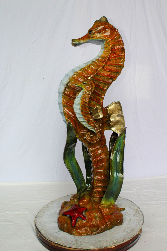 Nifao Bronze Seahorse with Baby Sculpture – Handcrafted Lost Wax Cast Ocean Life Statue with Seagrass & Starfish Details – Rich Patina & Polished Accents Coastal Marine Decor -16" x 14" x 43"H