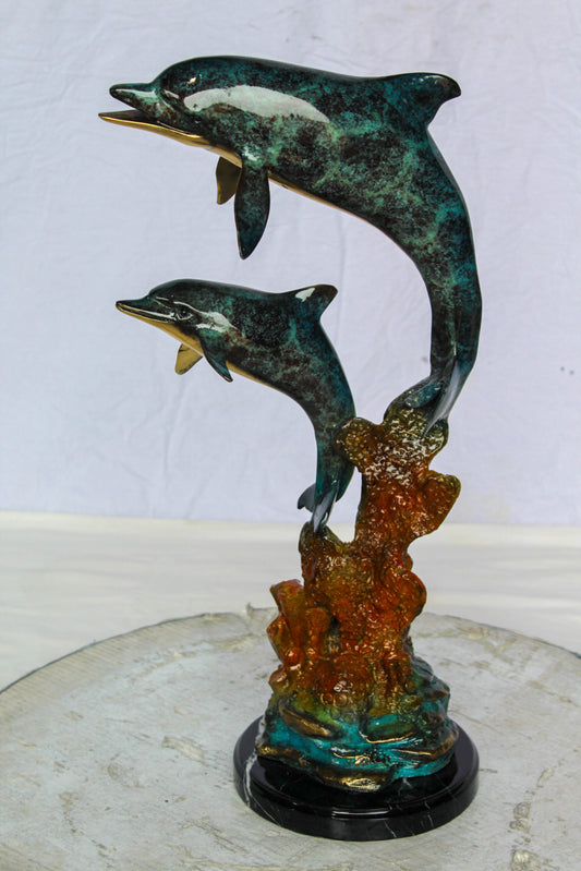 Bronze Dolphin Pair Statue Coastal Ocean Décor 8" x 11" x 22"H