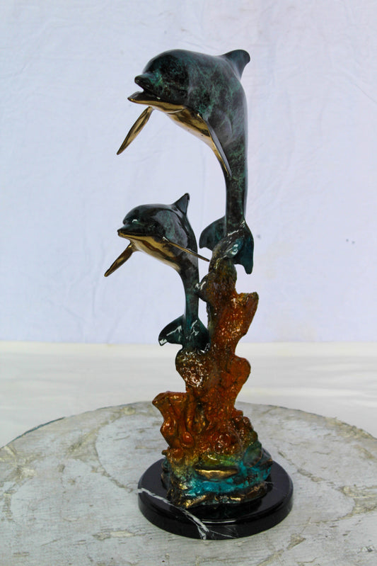 Bronze Dolphin Pair Statue Coastal Ocean Décor 8" x 11" x 22"H